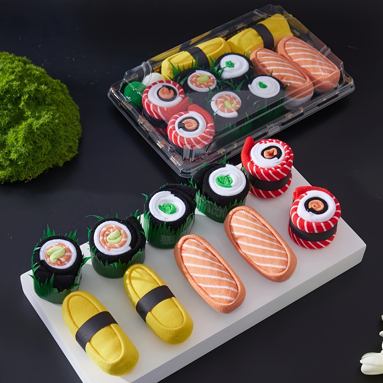 5 par herr sommarstrumpor, andningsbara polyester- och spandexblandning, stickad tyg, handtvätt endast, 437 gsm, randig mönster, gourmet sushi-design, unisex modestrumpor, exklusiv handgjord presentidé 5