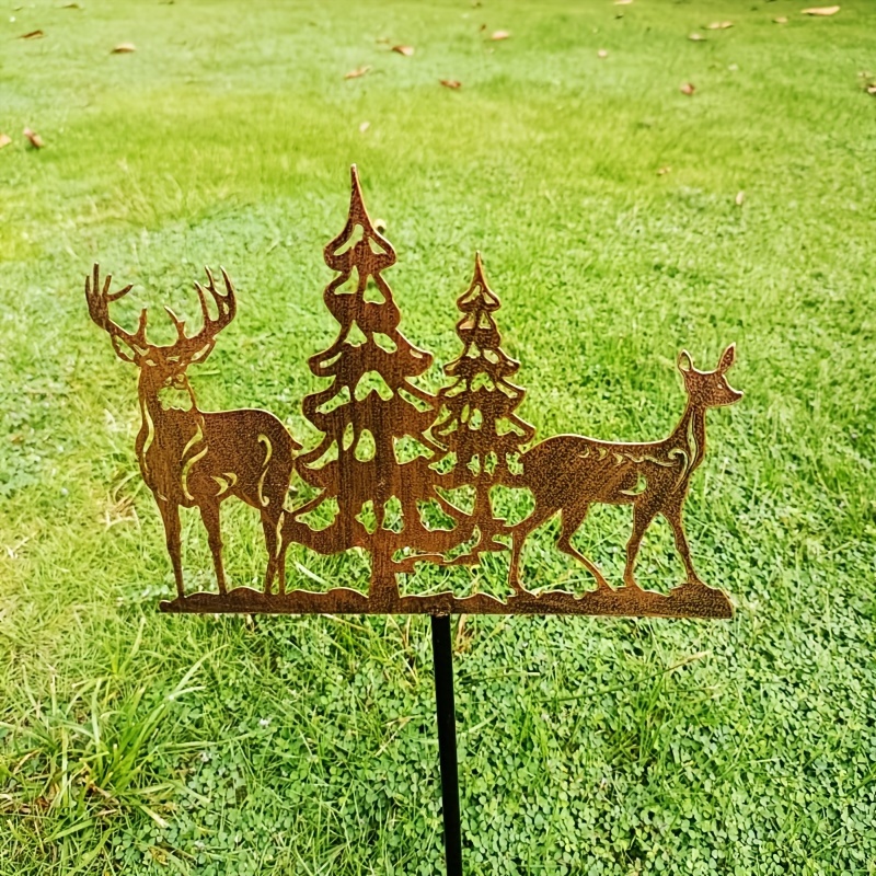 

Rustic Metal Christmas Deer & Tree Yard Stake, Garden Decor, No Power Needed, Lawn & Patio Ornament, Animal Theme, 3d Ground Planters