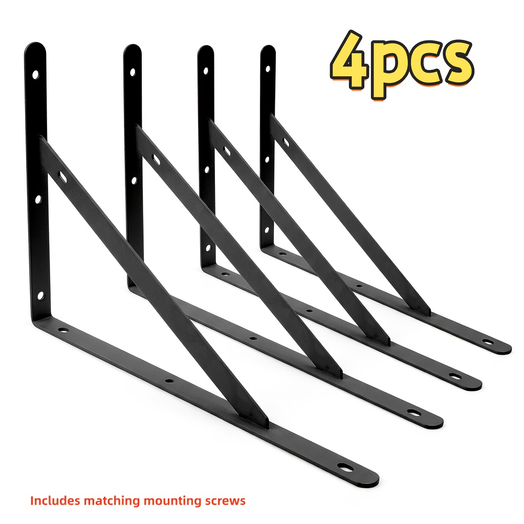 TEMU 4pcs Heavy-duty Triangular Storage Rack Frame, Black Metal Wall-mounted Shelf Support, Rust-proof Industrial L-shaped Bracket, With Installation