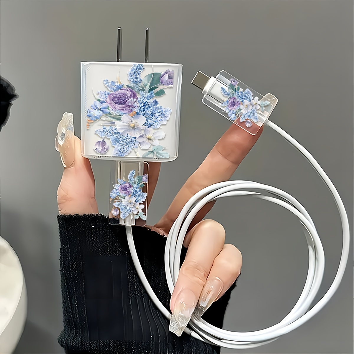 

3pcs Floral Pattern Transparent Charger Protector Set For Iphone 18w/20w, Includes Cable & Cord Covers - Perfect Gift, Charging Accessories