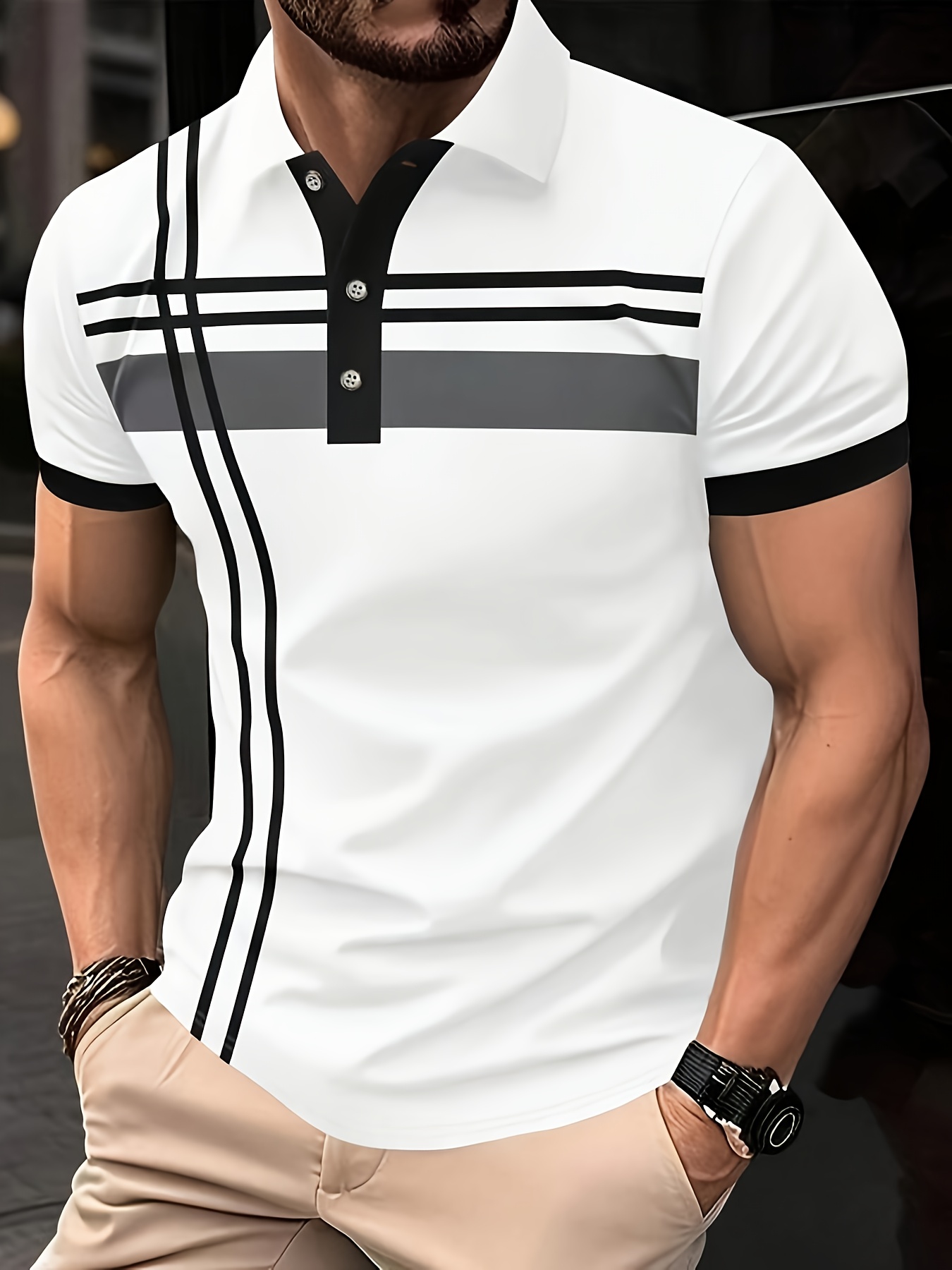 Men'S Polo Shirt with Stripes And Contrasting Patchwork, Casual Short Sleeve Button-Up Collar Shirt, Summer Tee, Trendy Daily Streetwear for Men