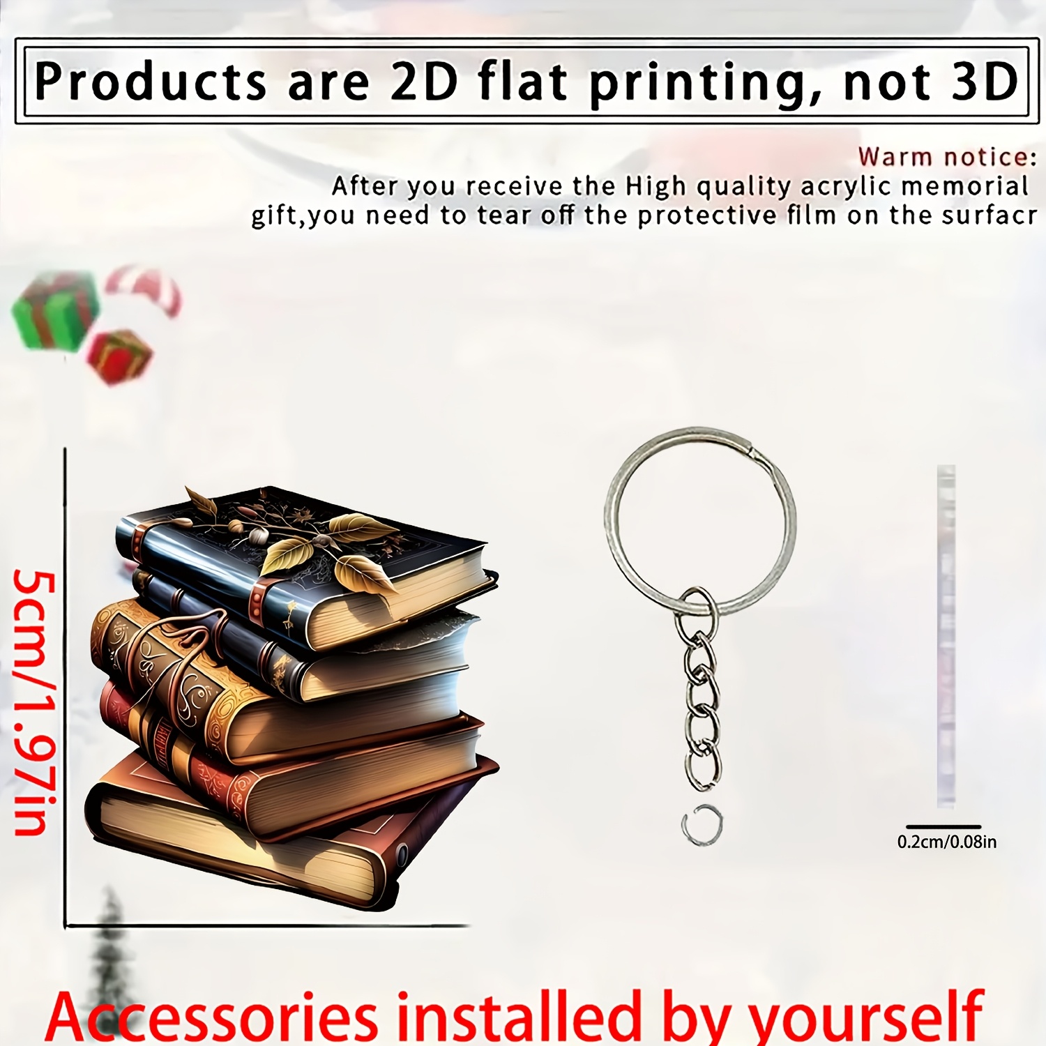 TEMU Regalo de Navidad, Llavero acrílico 2D con forma de libro ornamentado y exquisitamente diseñado, 1 pieza, anilla para llaves, para accesorios de