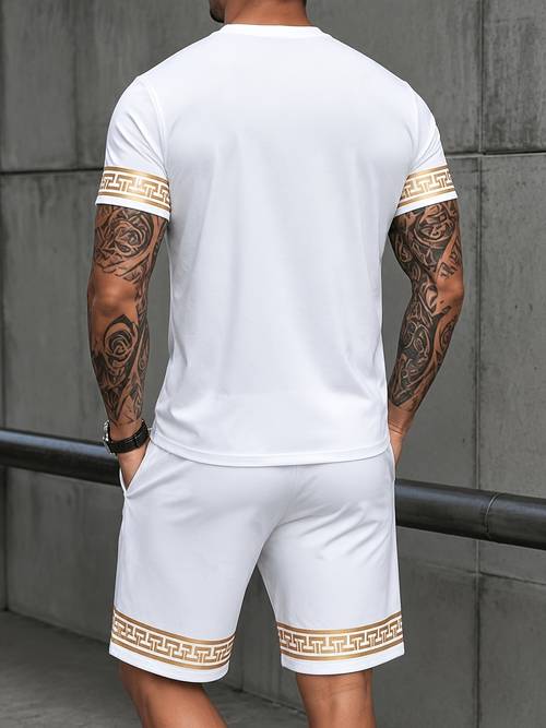mens casual summer print round neck short sleeve t-shirt at shorts, maluwag two-piece outfit