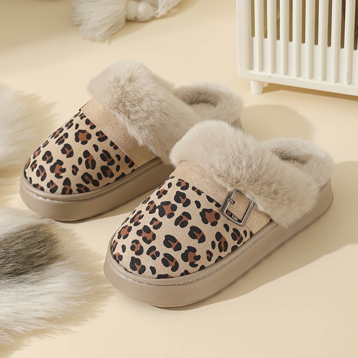 TEMU Anglegoose Men's & Women's Winter Slippers - Cozy Fluffy Leopard Print Indoor With Sole, Soft Warm Suitable For Home, Lounge, Dorm - Unisex