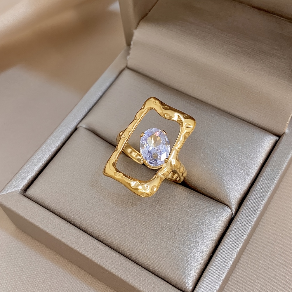 TEMU 1pc Bague Ouverte Dorée en Acier Inoxydable 304, Design Géométrique Carré Ovale Creux, Bijou de Mode Tendance, Cadeau, Pile, pour Adolescente,