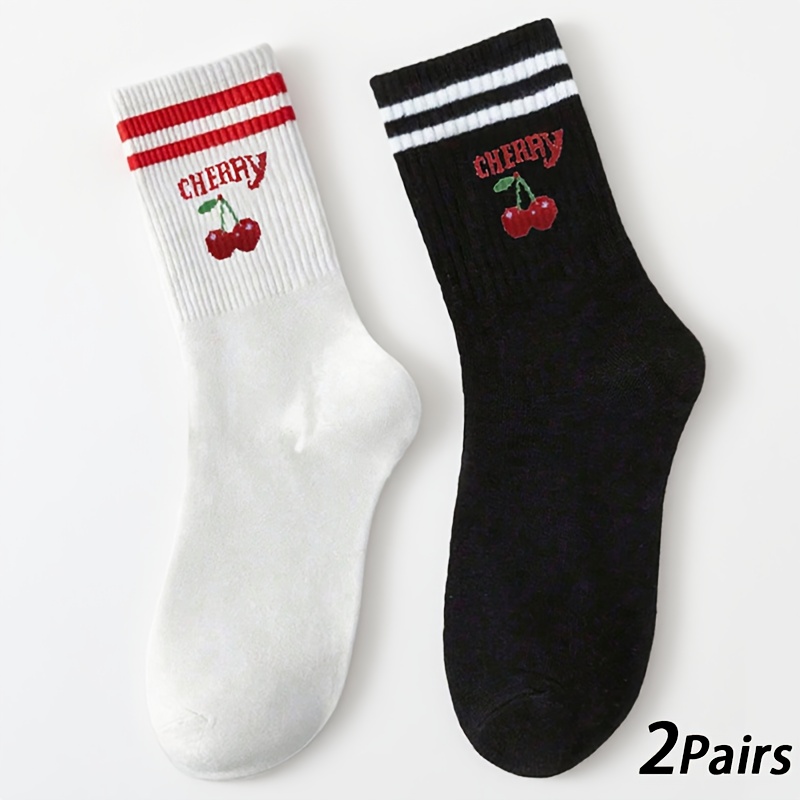 E-shop 2er-Pack Wadenhohe Socken - Unisex Sportliche Buchstaben Kirsche Schwarz Weiß Minimalistisch Atmungsaktiv Ganzjahresgebrauch