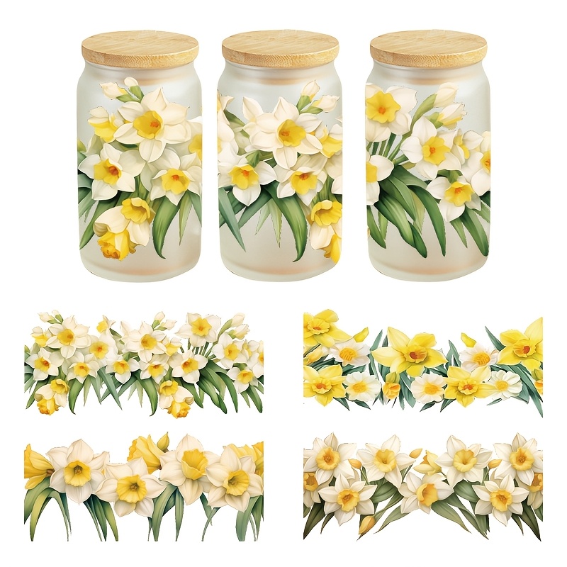TEMU Set Of 4 Daffodil Wreath Themed Designs, Measuring 4.33 Inches By 9.45 Inches, Uv Dtf Heat Transfer Stickers, Featuring Cartoon Patterns, And