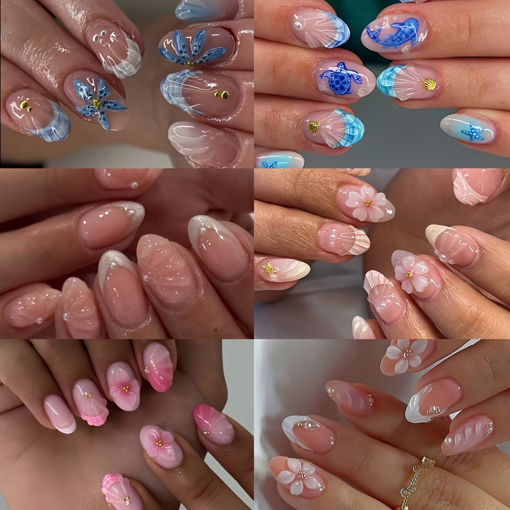 Image of 144pcs Short Oval -on Nail Set, 3d Stereoscopic Mermaid Gel Pearl Decor Design Wearable Nail Stickers, 6 Styles Of Fake Nails, Full Coverage Y2k Nails, Short Fake Nail Set