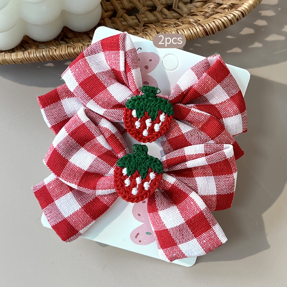 Image of Set Of 2 Strawberry Hair Bow Clips For, Featuring A Stylish Red And White Checkered Design, Use, And A Option For