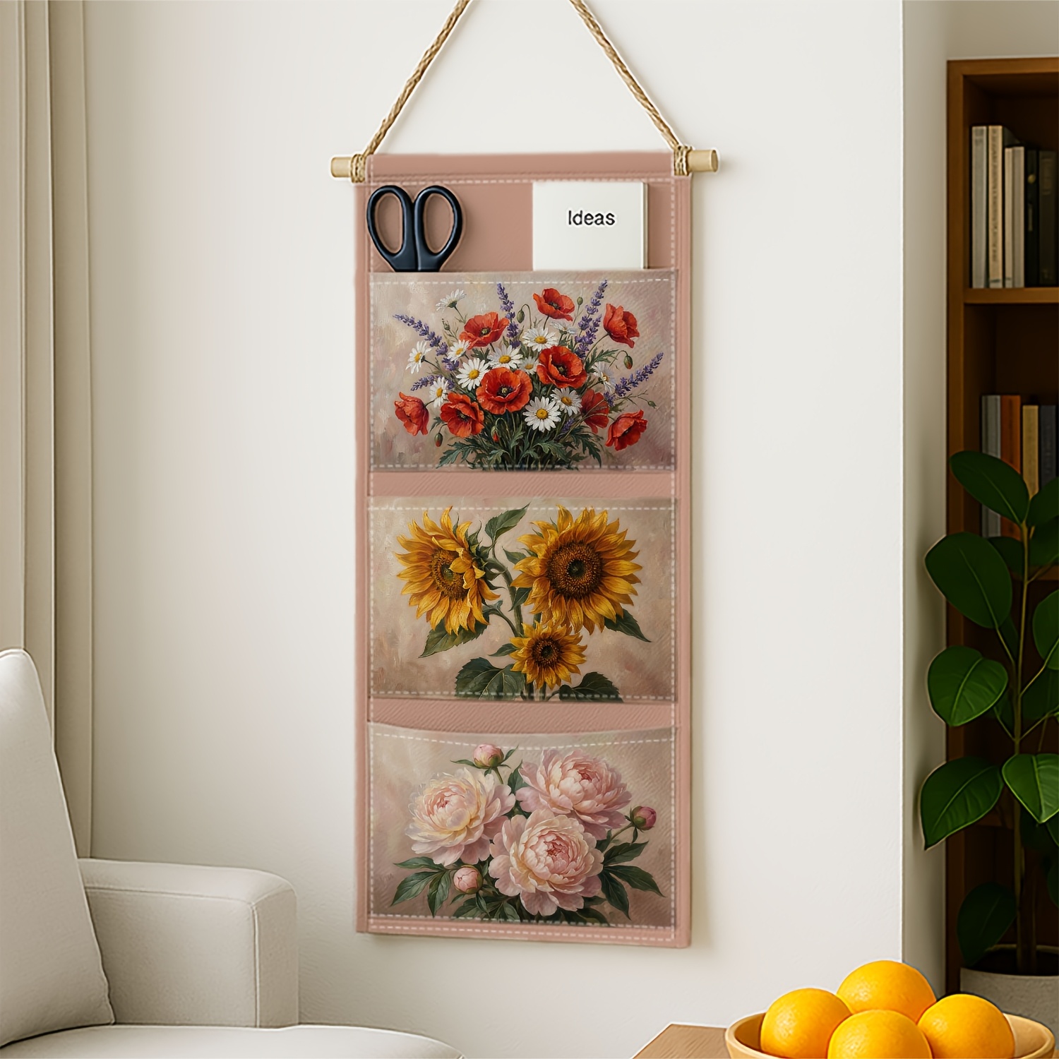 TEMU 1pc Vintage Floral Oil Paint 3 Pockets Hanging Bag,multi-functional Poppy Sunflower Peony Bag,home Organization And Storage Bag,bedroom