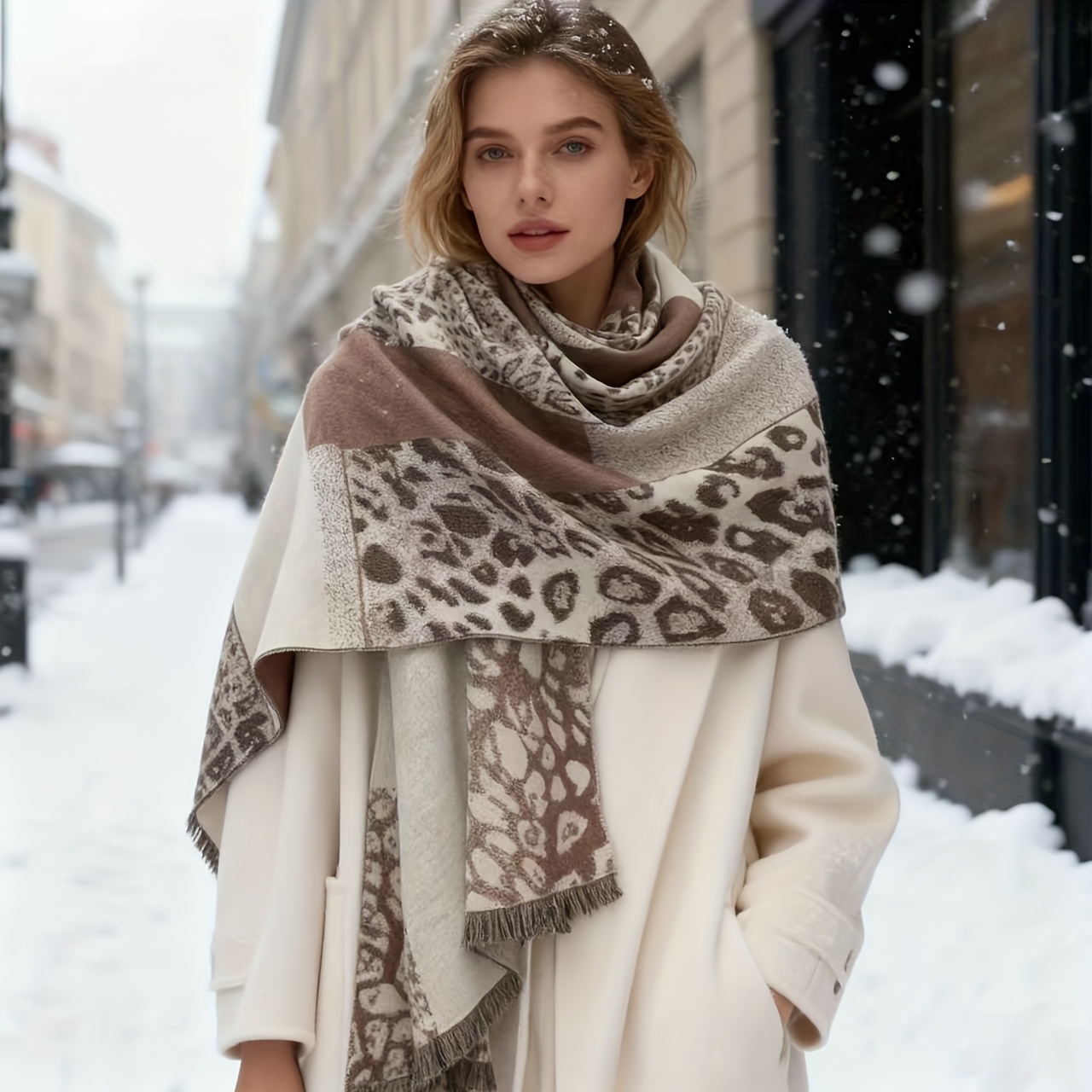 TEMU Women's Elegant Leopard Print Block Color Scarf Shawl - Animal Print Fabric Winter Neck Scarf Wrap, Suitable For Casual, Office, Party Wear,