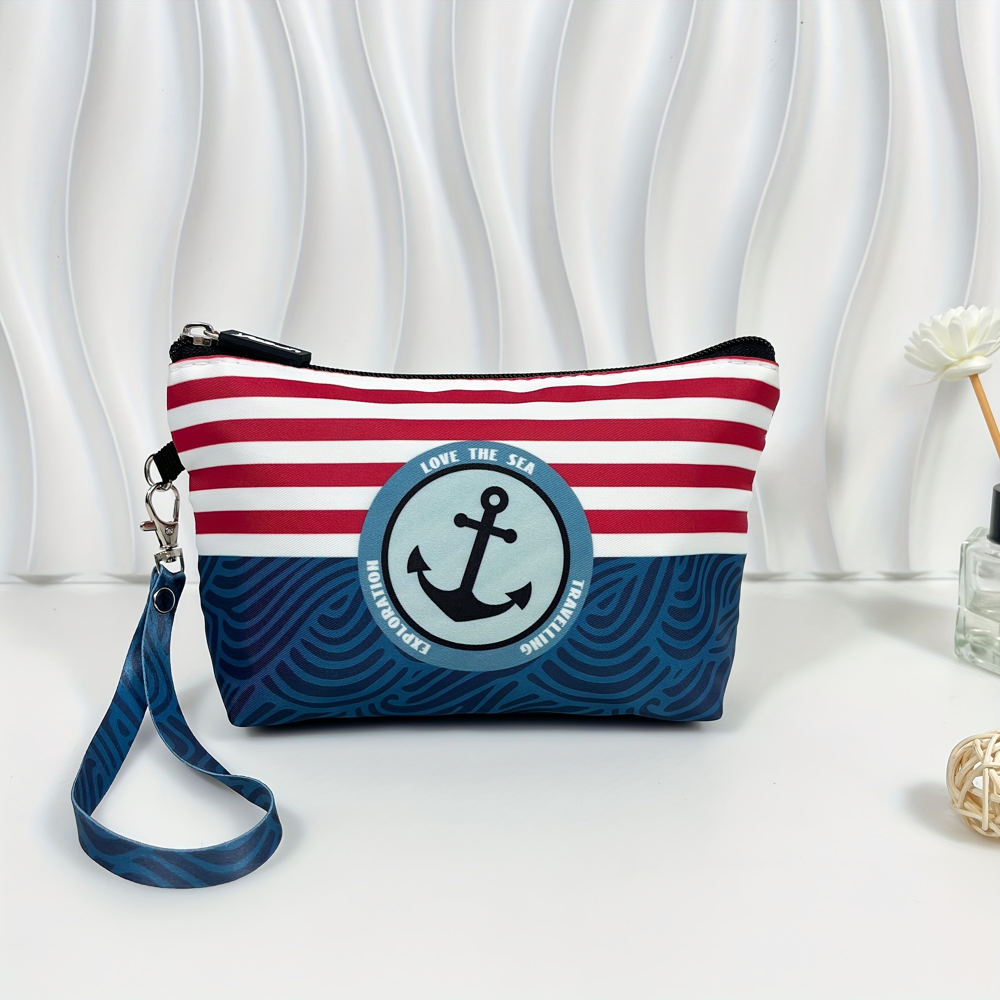 

Classic Anchor Pattern Carry All Zipper Pouch, Lightweight Women's Travel Toiletry Wash Bag For Outdoor Trip