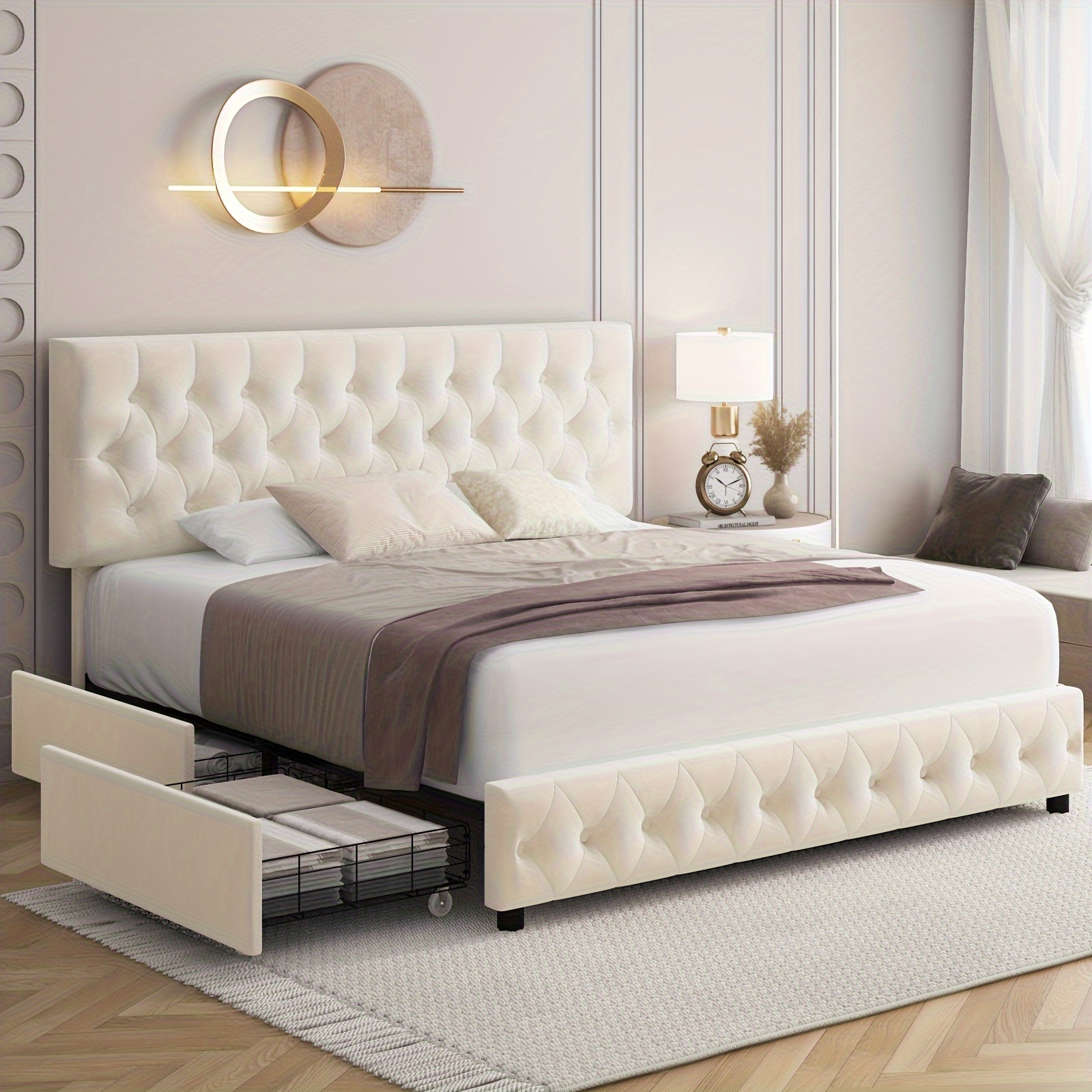 Modern Upholstered Bed Frame with 4 Storage Drawers, Platform Bed Frame with Button Tufted Headboard, Solid Wooden Slat Support