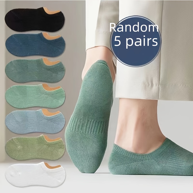 Random 5 Pairs Men's Boat Socks Summer Thin Solid Color Anti-odor Breathable Sweat-absorbing Invisible Socks, Sweat-resistant