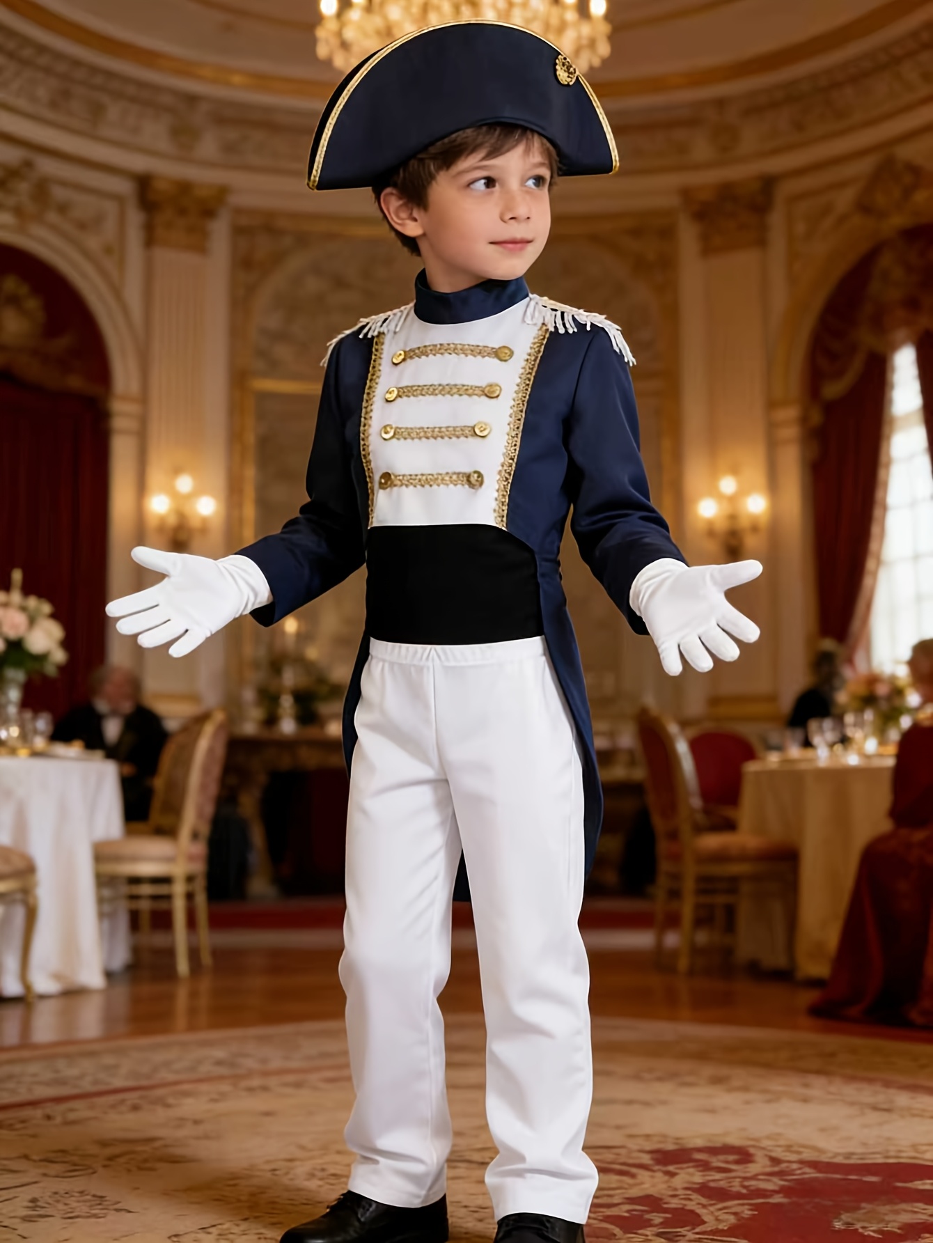 A * Performance Outfit Set *: a White And Dark Blue Color-* Tailcoat with  *-Short And Back-Long Design, a Pair of * Pants, a Captain'S Hat
