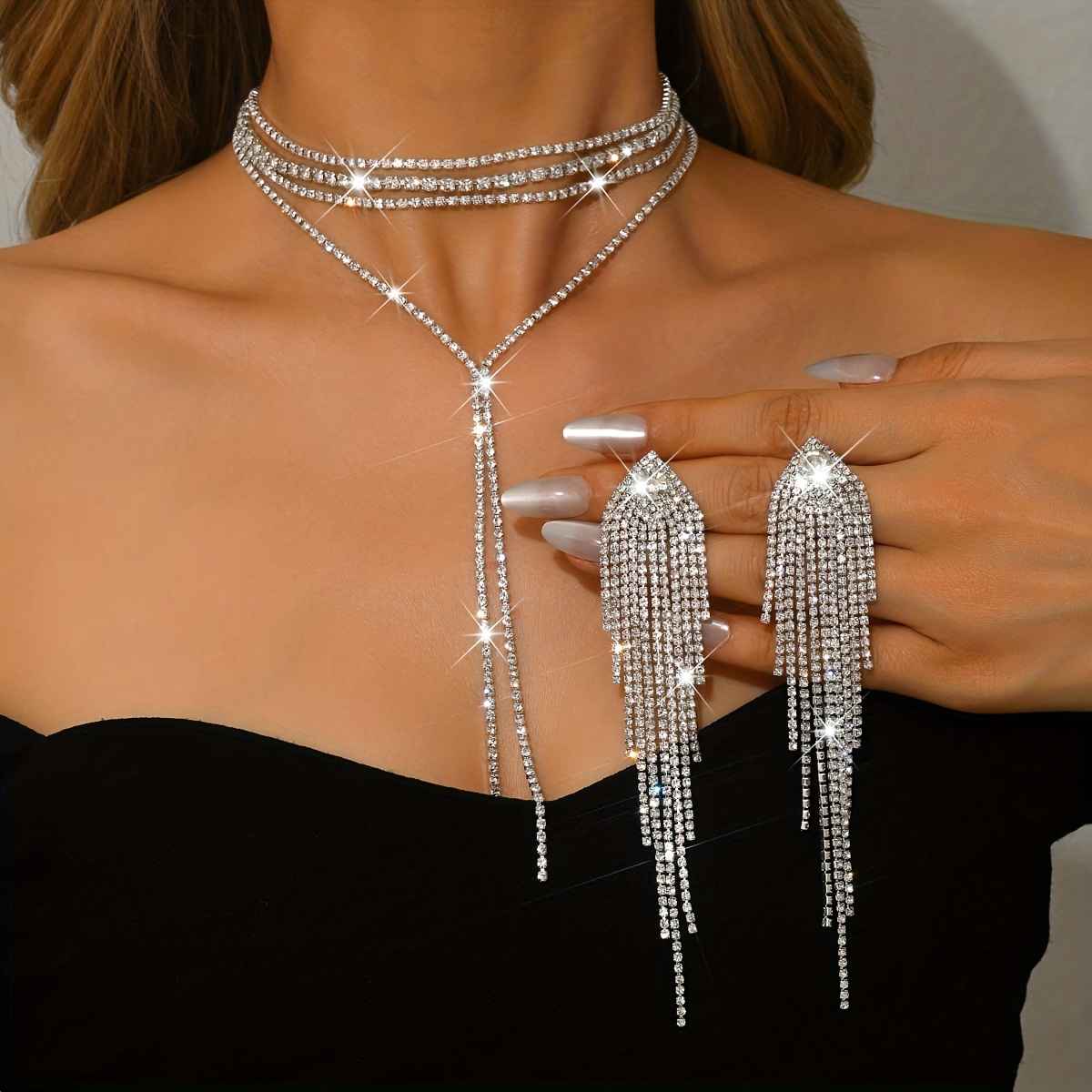 TEMU Ensemble de 2 pièces : de cou élégant à strass multicouches - Collier à franges de Y et Boucles d'oreilles longues à franges - Cuivre plaqué