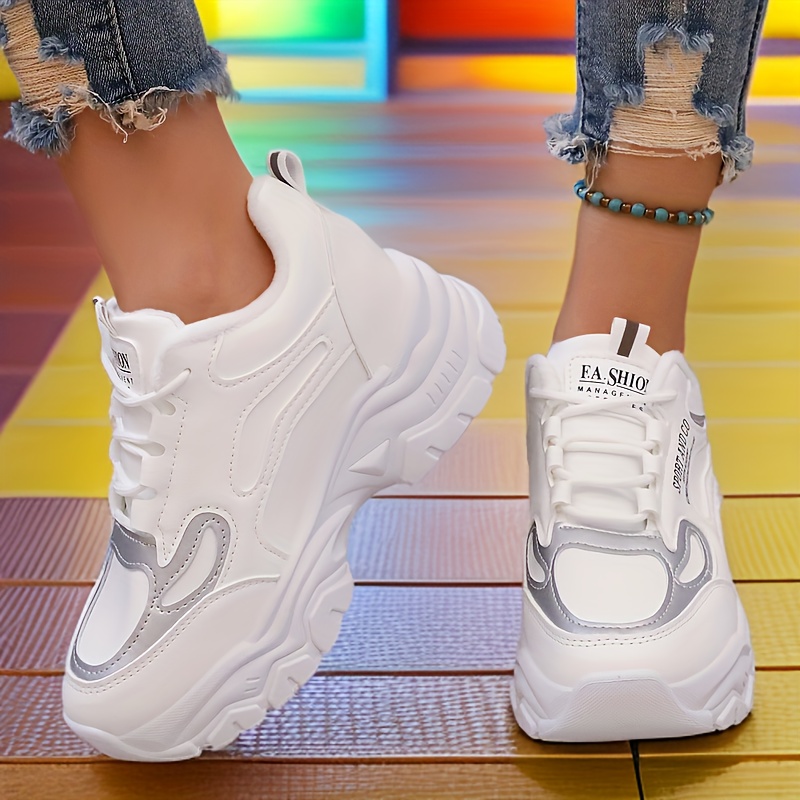 

Women's Fashionable 2024 Casual - Sneakers - White With Gray Accents, Lace-up, Low-top, , Korean Style, Cover Upper & Pu Sole, Comfortable Fabric Insole, Cute Shoes