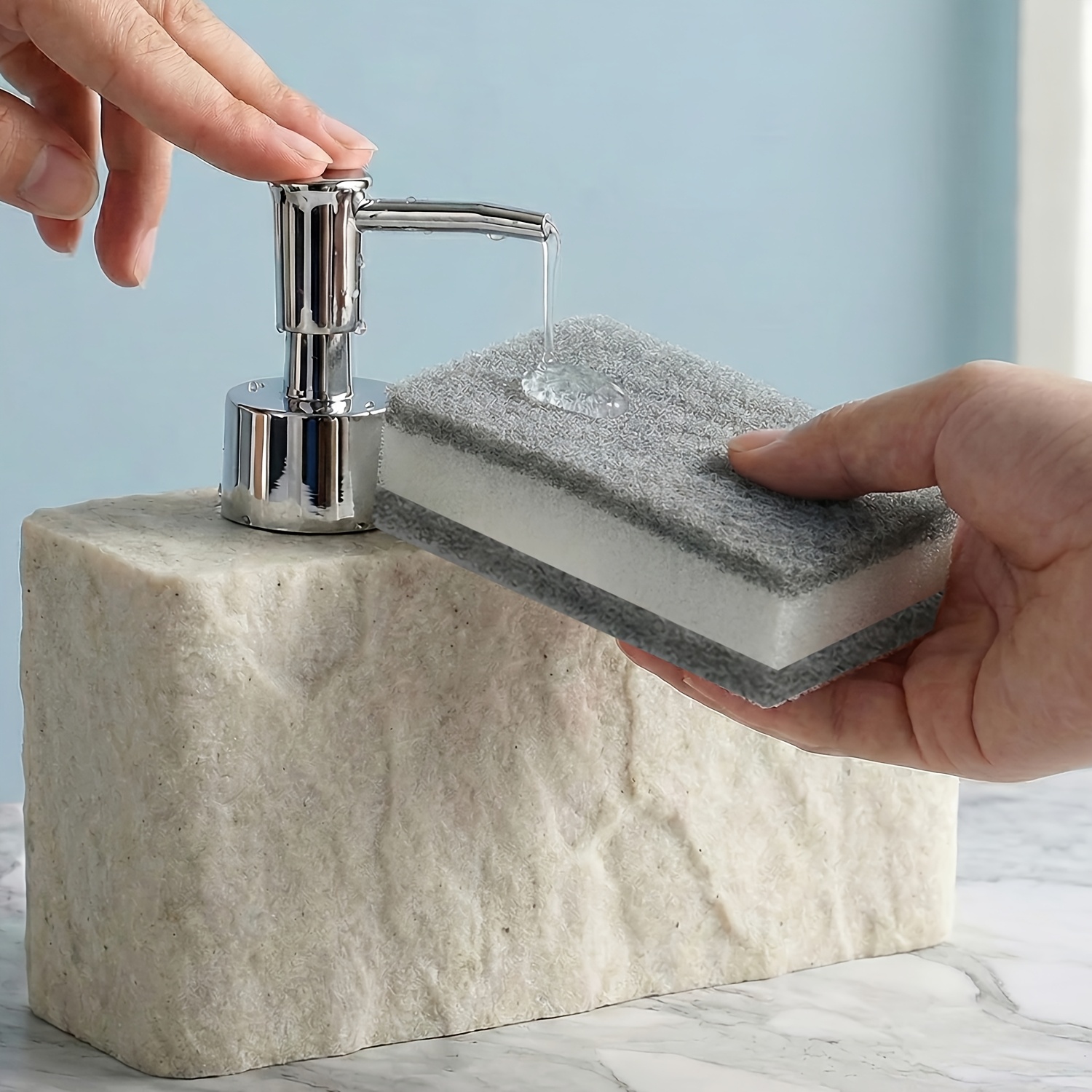 Kitchen Soap Dispenser with Sponge Holder, 2-in-1 Resin Stone Texture Dish Soap Pump and Caddy Organizer for Kitchen Sink Countertop