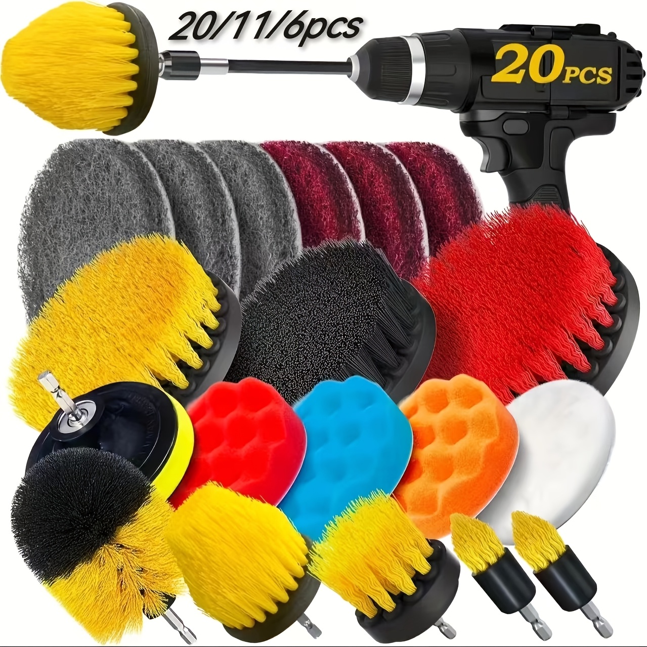 

Drill Brush Attachment Set With Sanding Pads & Sponges - 6/11/20pcs, Extension For Easy Reach, Ideal For Grout, Tiles, Sinks, Car Polishing