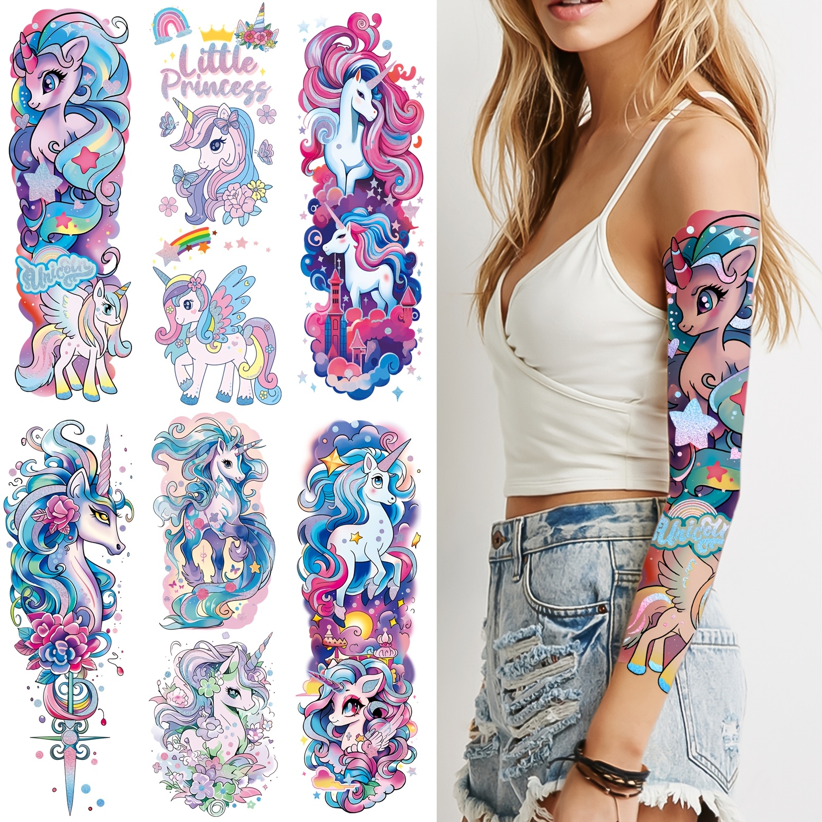 

Unicorn Temporary Tattoo Cute Glitter Full Half Arm Sleeve Fake Temporary Tattoo Sleeves Stickers Waterproof Birthday Party Favors Supplies Arm Leg Makeup Christmas Gifts For Teens