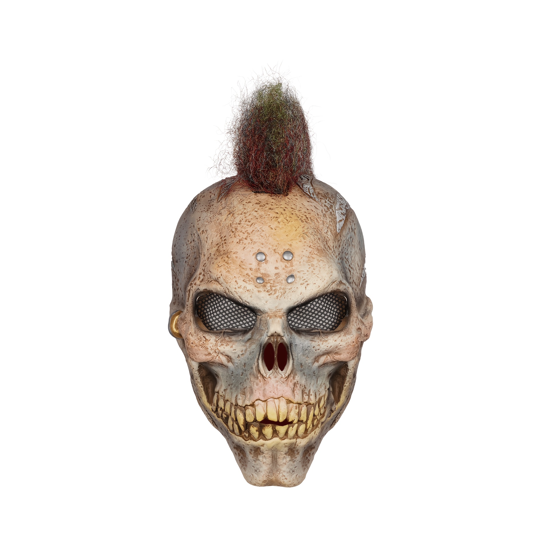 Image of Adult Punk Skeleton Latex Mask, Mohawk Hairstyle Rivet Decor Skull Mask, Realistic Scary Zombie Full Face Mask For Halloween Horror Theme Party Cosplay Fancy Dress Halloween