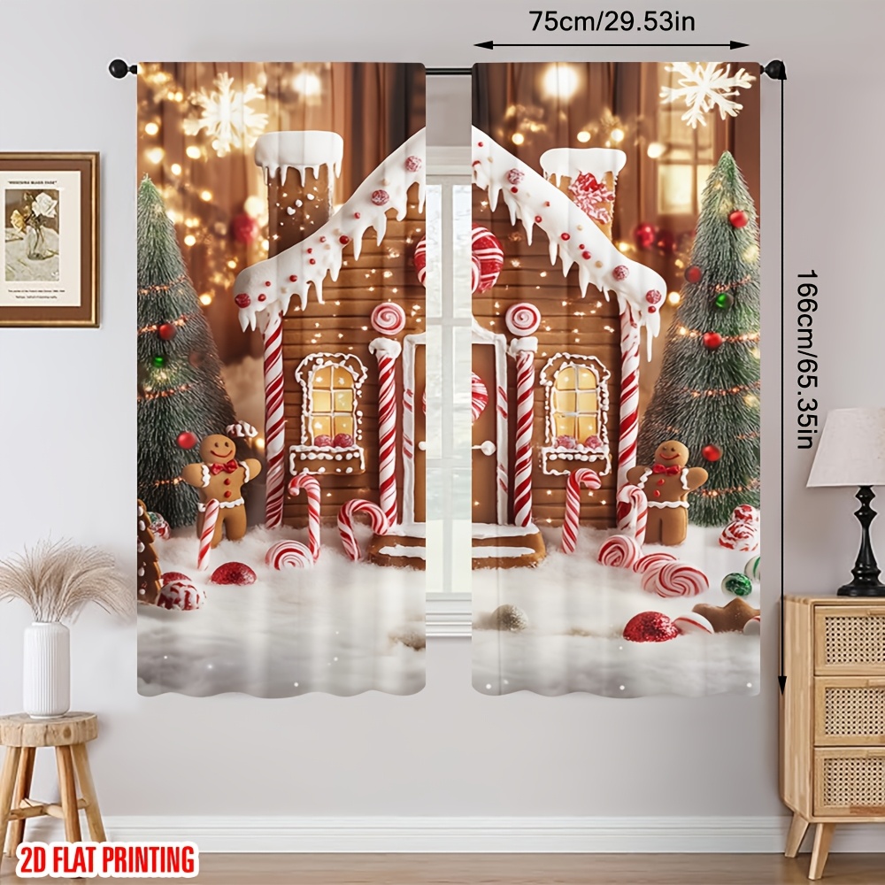 TEMU 2 pièces de rideaux d'hiver imprimés 2D Maison en pain d'épices Noël Arbre enneigé de neige pour chambre, salon ou salle à manger Fête des fêtes