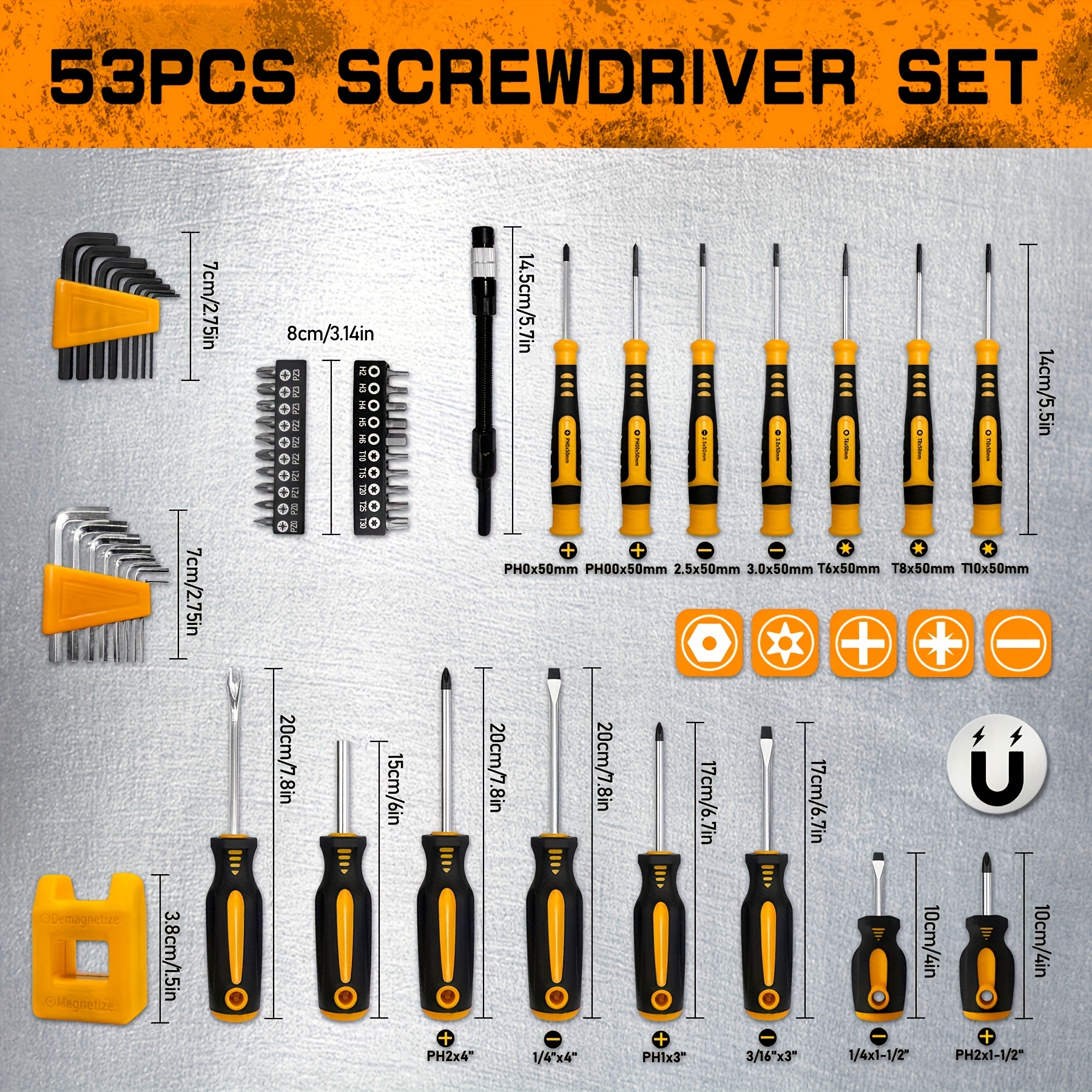 Juego de Destornilladores Magnéticos 121pcs/53ps | Acero Cromo Vanadio, Juegos Multifuncionales para Reparación y Desmontaje en el Hogar, ¡Regalo Ideal! Kit DIY con Puntas Imantadas. Incluye Mini destronador plano preciso, Óptimo agarrado ergonómico. ¡Herramienta duradera ideal! ¡Esencial taller e instrucciones fáciles
