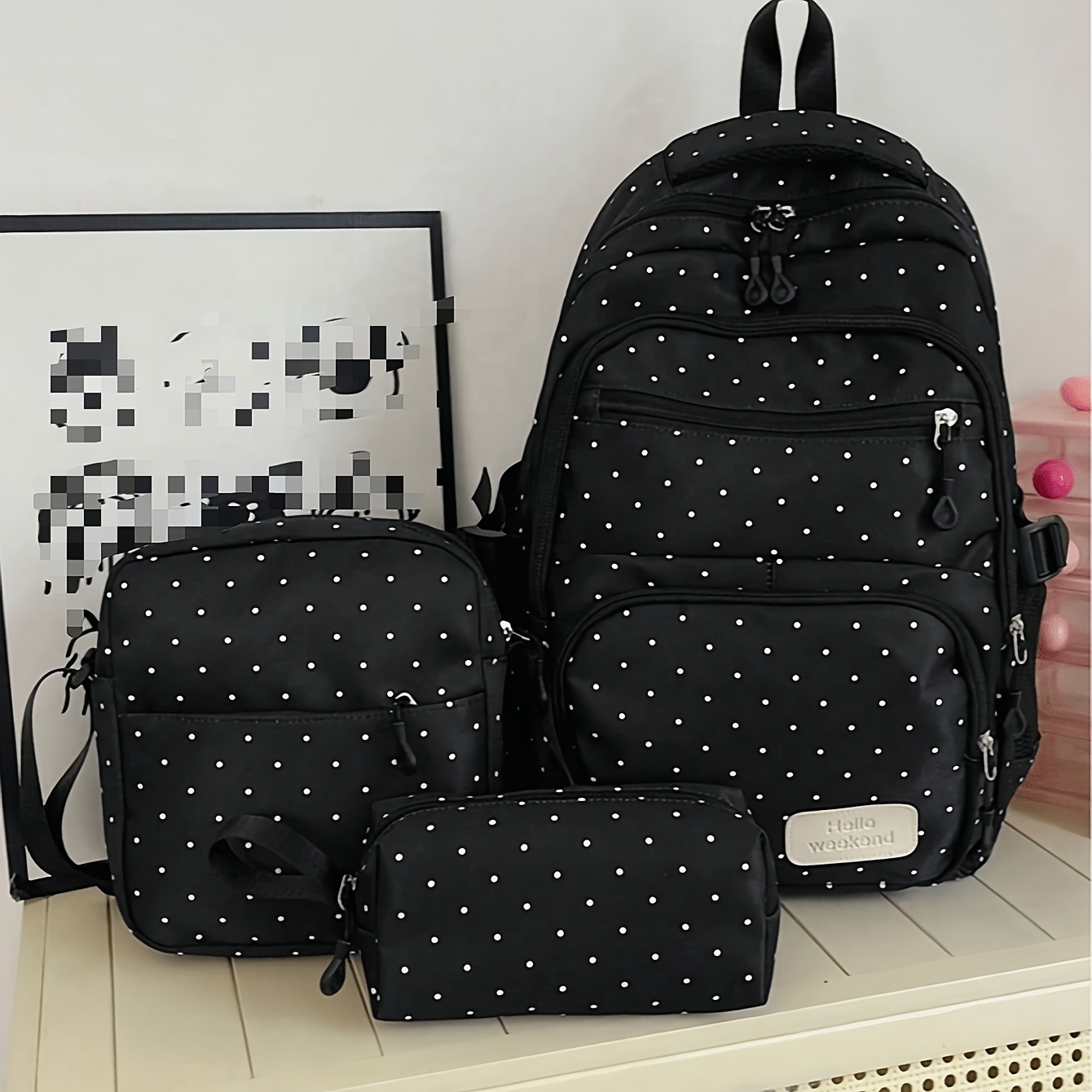 TEMU 3pcs Polka Dot Backpack Set For, Large Capacity Black School Backpack With Crossbody Bag And Pencil Case, Multi-pocket Lightweight Bookbag For