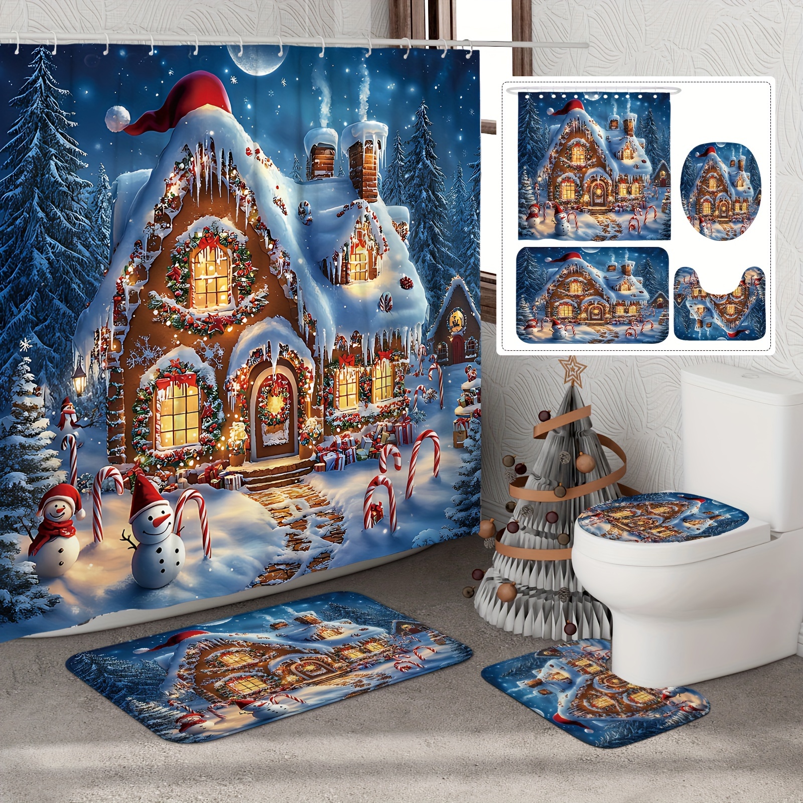 

1/4pcs Christmas Snowman Red Curtain Set Curtain And Rugs Polyester For Bathroom Or Decor 12 Bath Mat Lid Mat