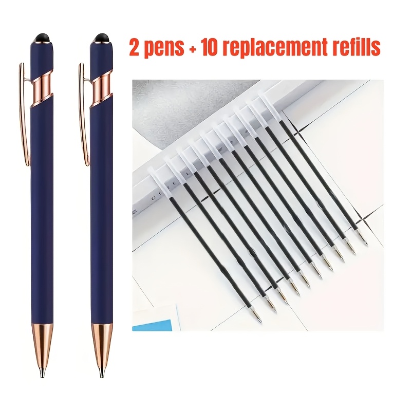 Image of A Set Of 12 Ballpoint Pens, Comprising 2 Pens And 10 Black Refills. Smooth Writing And Touchscreen-compatible Design Gift For Ladies, Students, Colleagues, Teachers And Mothers