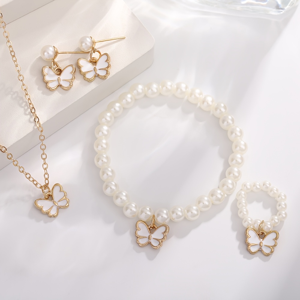 TEMU Conjunto de 4 piezas - 1 de aretes, 1 pulsera, 1 collar, 1 anillo, Conjunto de joyería de de perlas de de elegante de lujo , Conjunto de collar,