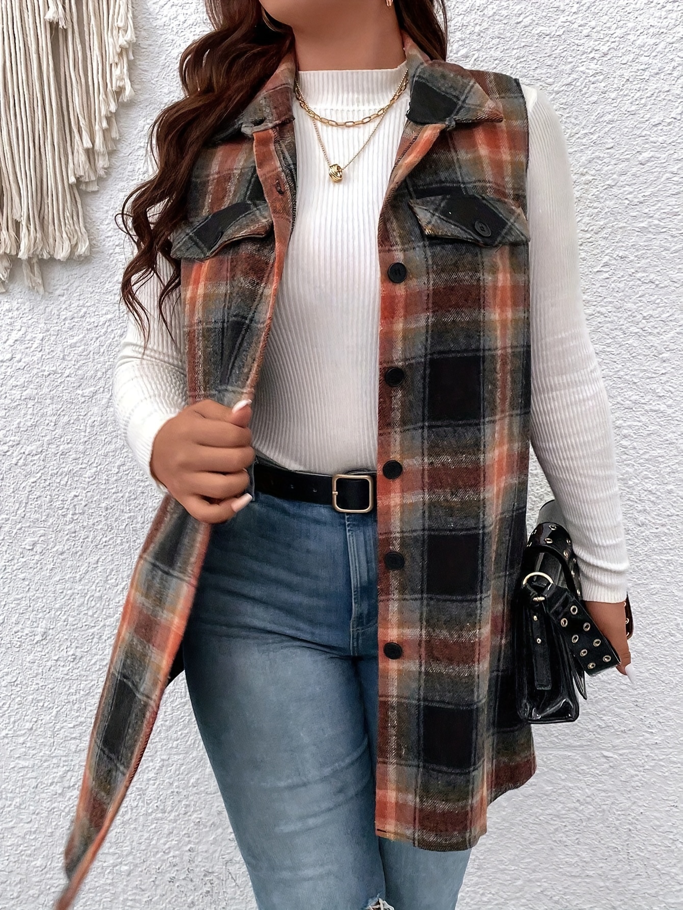 Plus Size Plaid Pattern Button Front Vest, Casual Sleeveless Flap Detail Gilet Jacket For Fall & Spring, Women's Plus Size Clothing