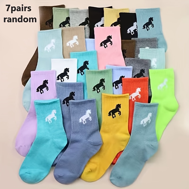 TEMU Random 7 Pairs Mid-calf Socks, Spring Summer Versatile, Sweat-absorbent And Soft, Unisex, Cartoon Preppy Style