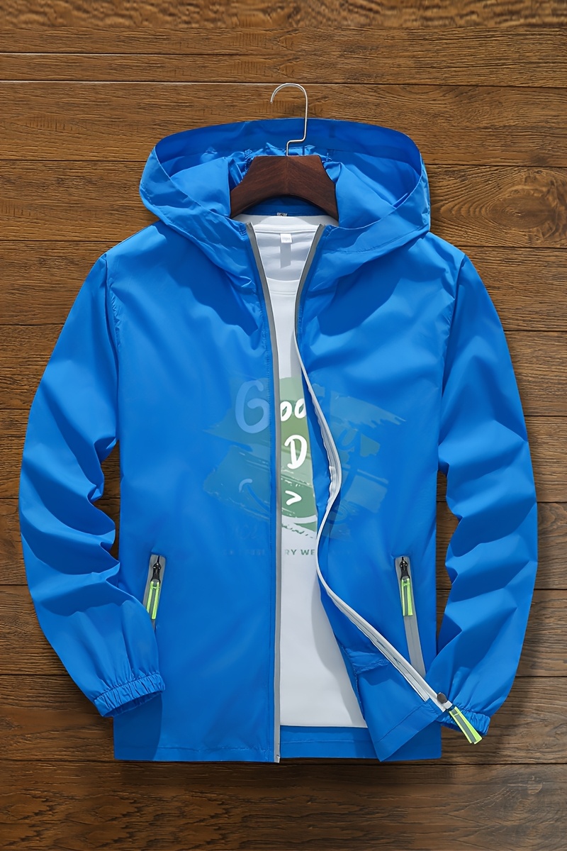 Unisex Summer Hooded Jacket with Reflective Zipper Design, Ultra-Thin Breathable Quick-Dry Windproof Sports Coat for Outdoor Night Running, Cycling, Fishing Sun Protection Top - Loose Fit Hooded Zip-Up Shirt