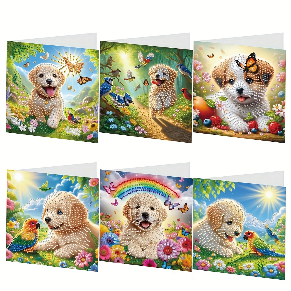 TEMU 6 stuks 5D schilderen kaarten - Uniek en schattig puppy dierenontwerp, geschikt voor verjaardagen, kerstmis, moederdag en thanksgiving -