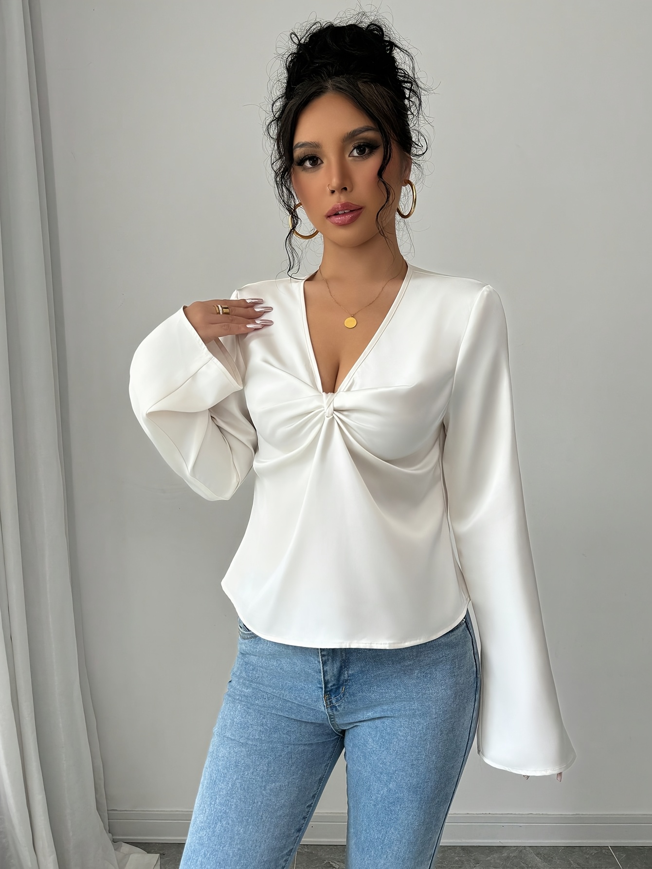 Blusas Elegantes Blusa Blanca Manga Campana Acampanada Camisas De