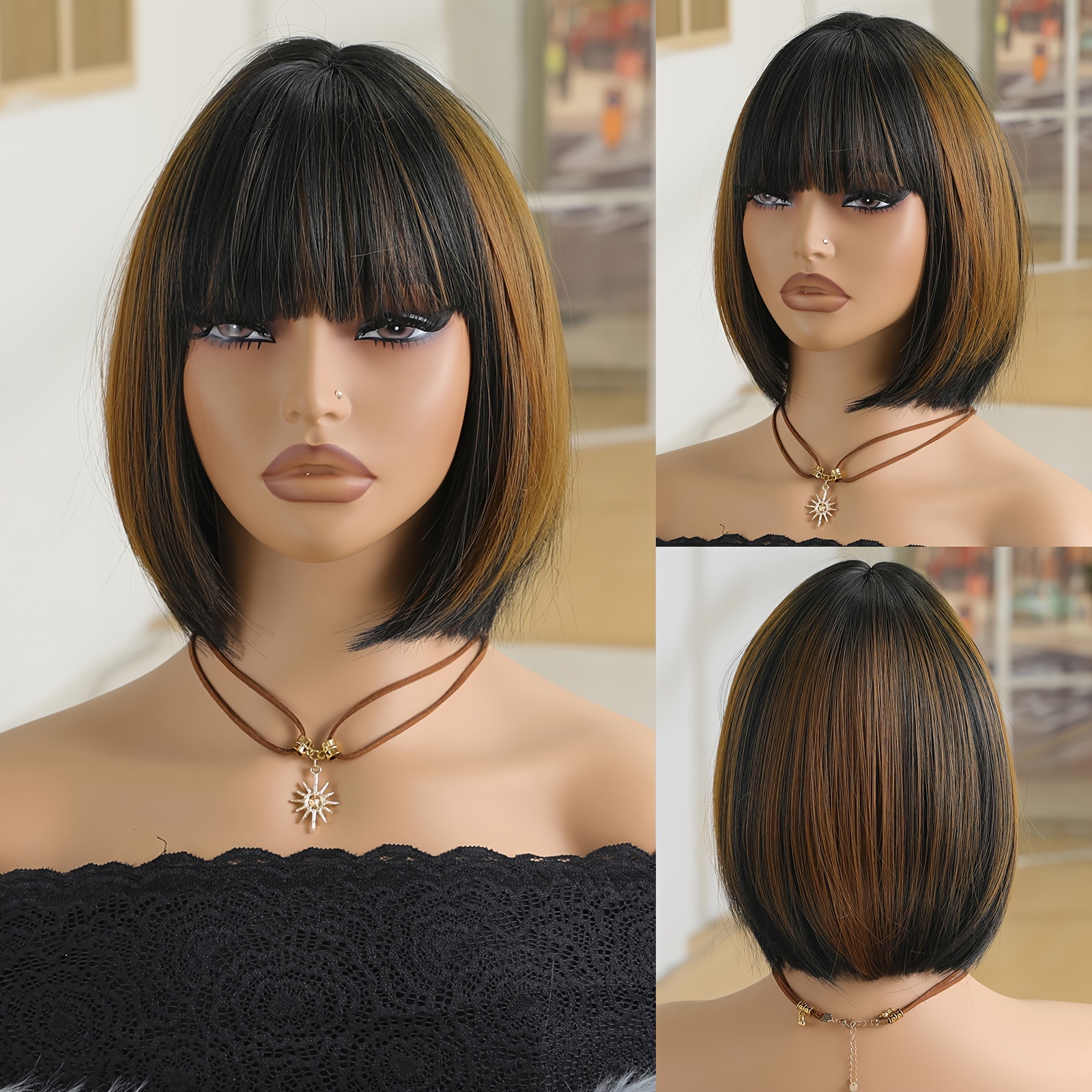 

Chic Brown & Blonde Bob Wig With Bangs For Women - 150% Density, Matte High-temperature Synthetic Hair, Breathable Cap, Straight Cut, Hair Wig