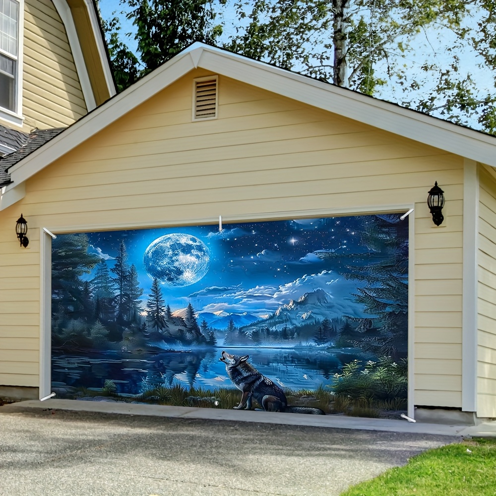 2D Flat - 1pc Wolf by Moon Lake Decorative Garage Door Cover - 2D Flat Printing, Polyester Outdoor Banner, Easy to Hang, Versatile for Any Festive or Themed Event, Festive Decoration|Majestic Landscape Decor|Durable Outdoor Fabric
