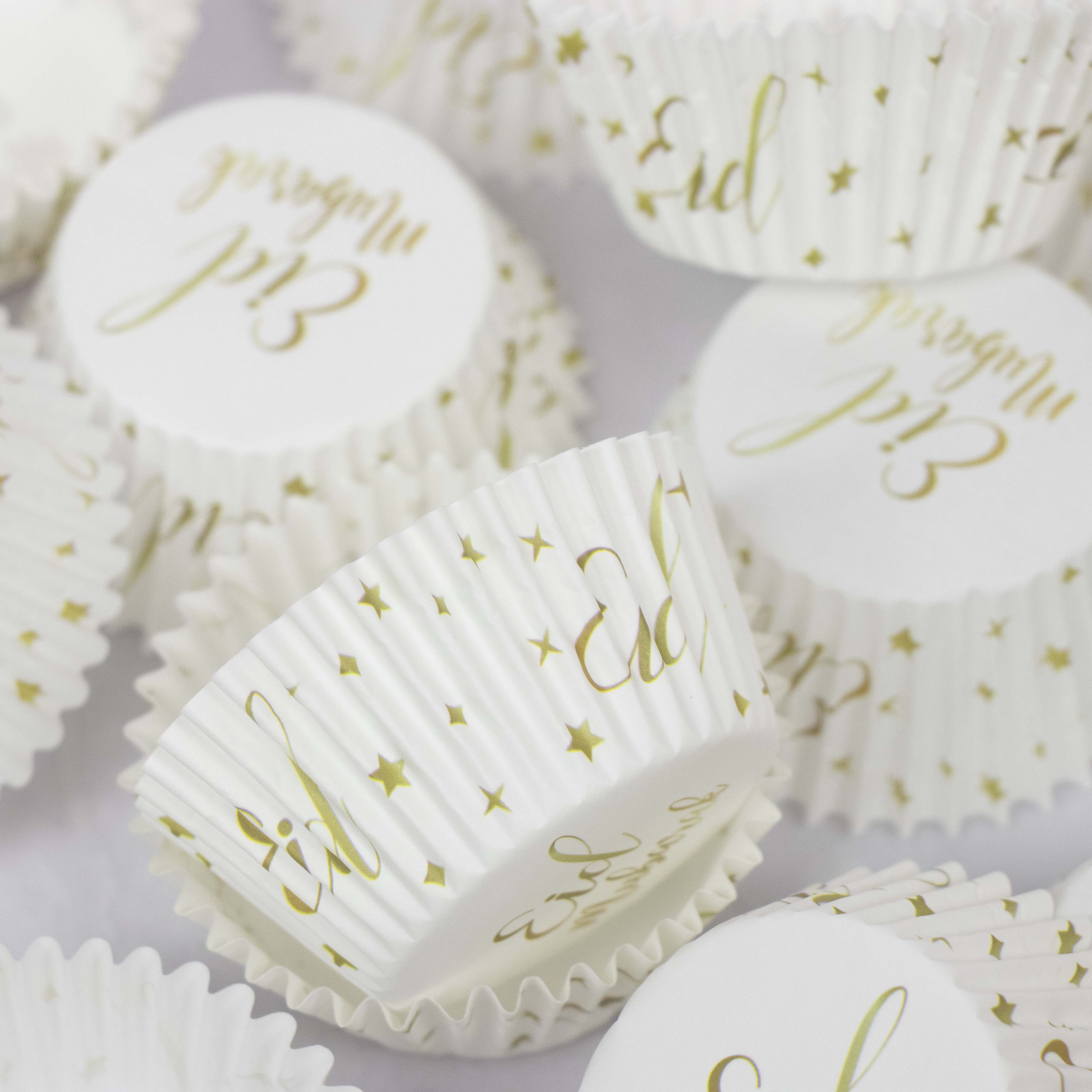 

50-pack Eid Mubarak Baking Cups - Golden Stars & Script Design Paper Cupcake Liners For Ramadan Dessert Table Decorations And Party Supplies