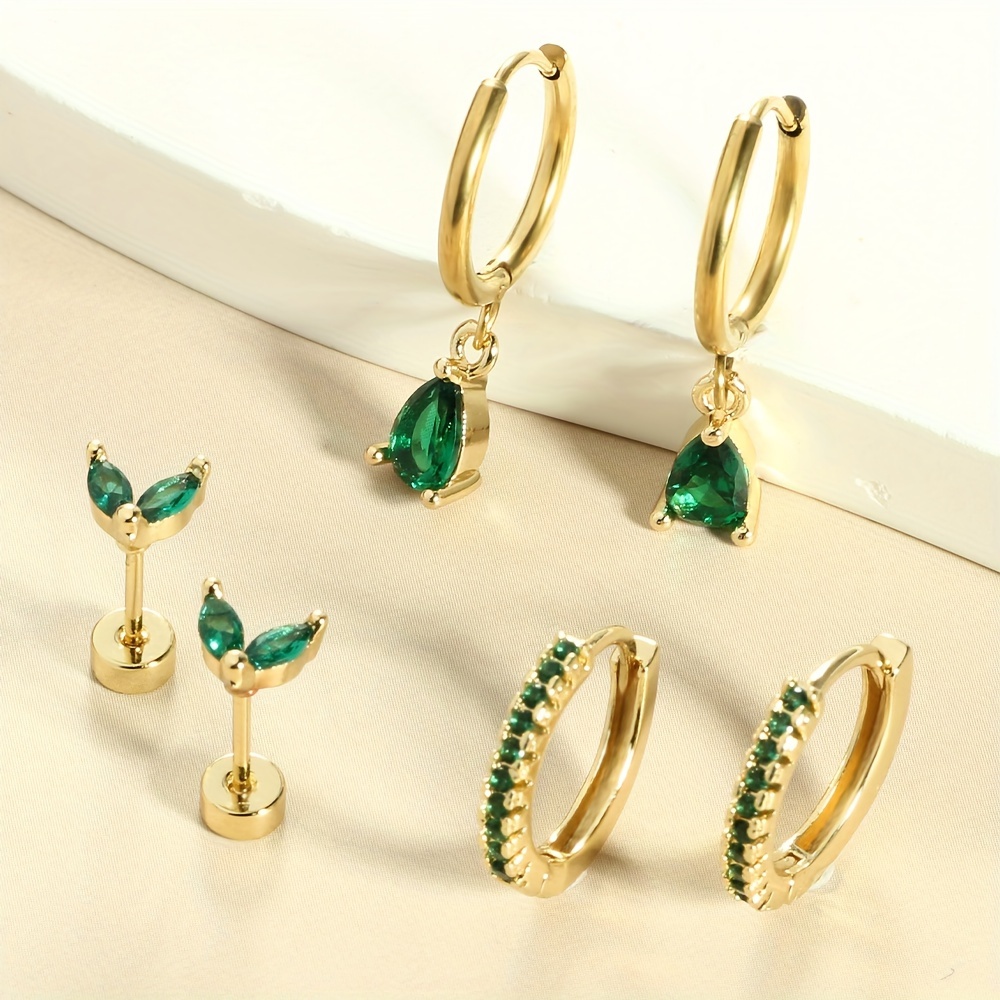 Image of A Set Of 6 Elegant Green Zirconia-studded Earrings, Including Studs, Ear Cuffs, And Drop Earrings, Designed For Women With A Luxurious European And Style