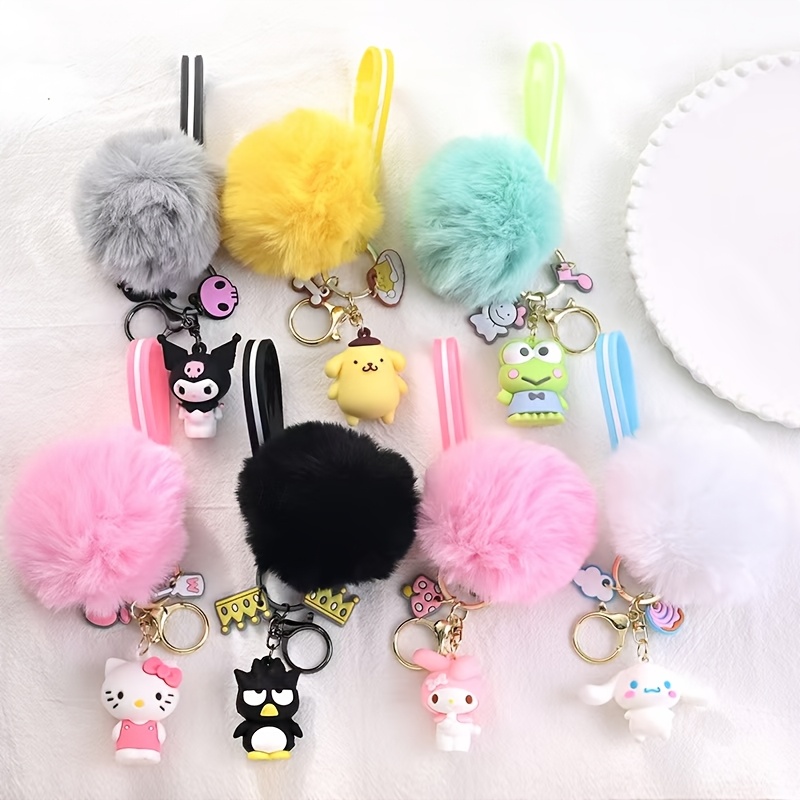 

1/7pcs Sanrio Character Keychain Set - Soft Pom Pom Anime Figures, Plastic, Valentine's Day Gift, Decorative Ring Keyring For Backpack, Bag, Car - Couples Accessory