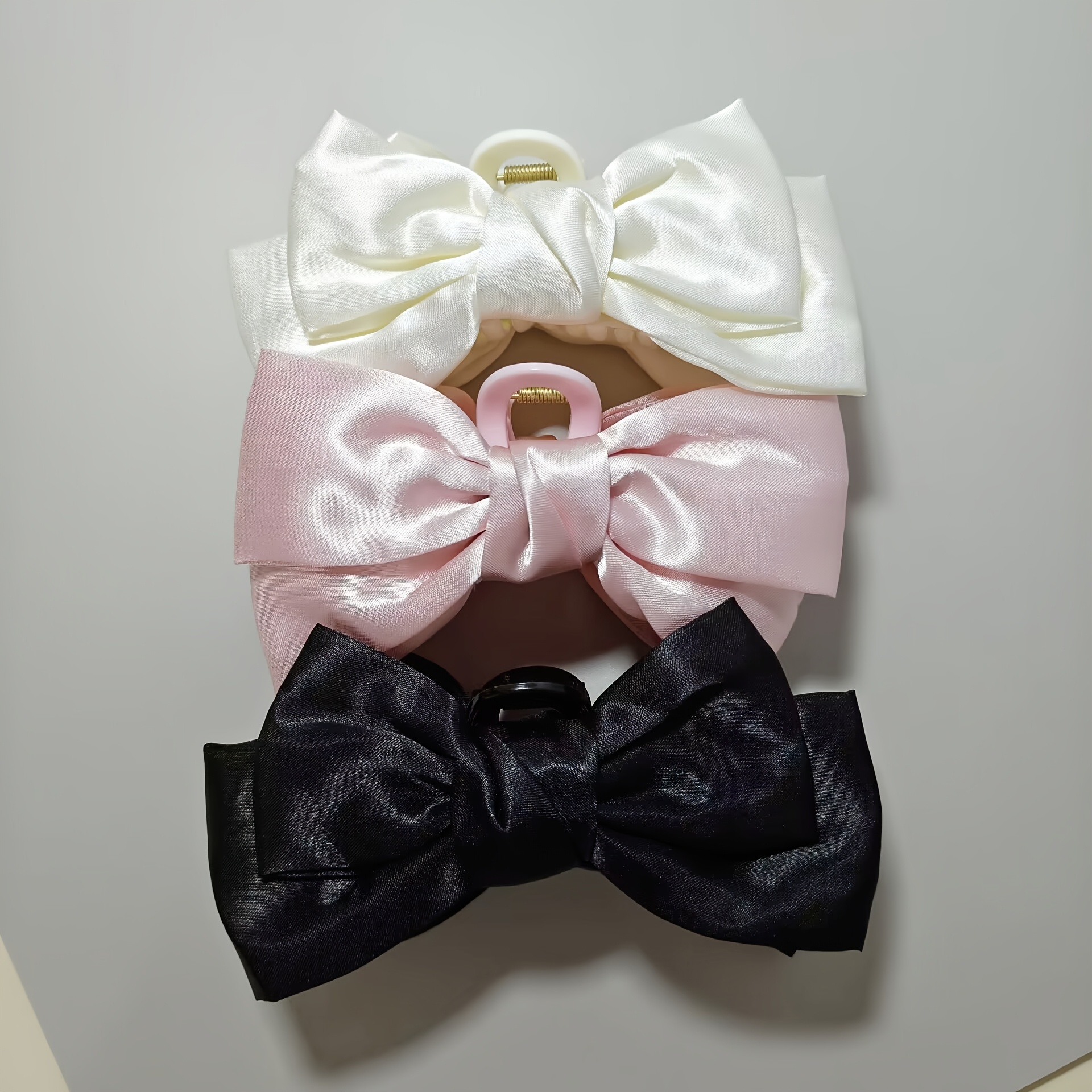 TEMU 3pcs Elegant Oversized Bow Hair Claw Clip Set For Women, Satin Bow Barrettes, Large Hair Clips For Bun Hairstyle, Style Hair Additions For Daily