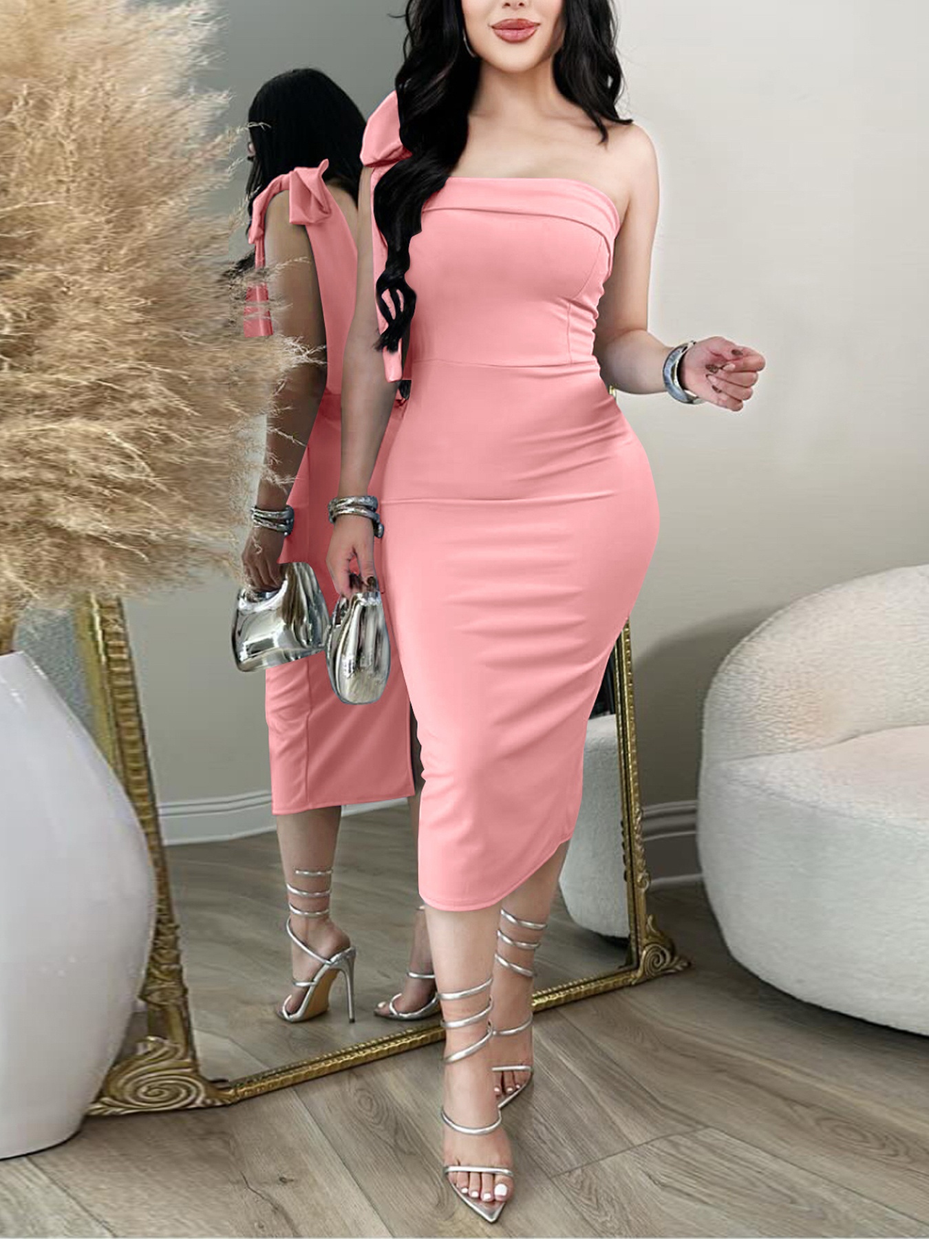 sleeveless women's light pink off the shoulder dress for summer HATCH Collection The Softsculpt Knit Off The Shoulder Dress in Peony
