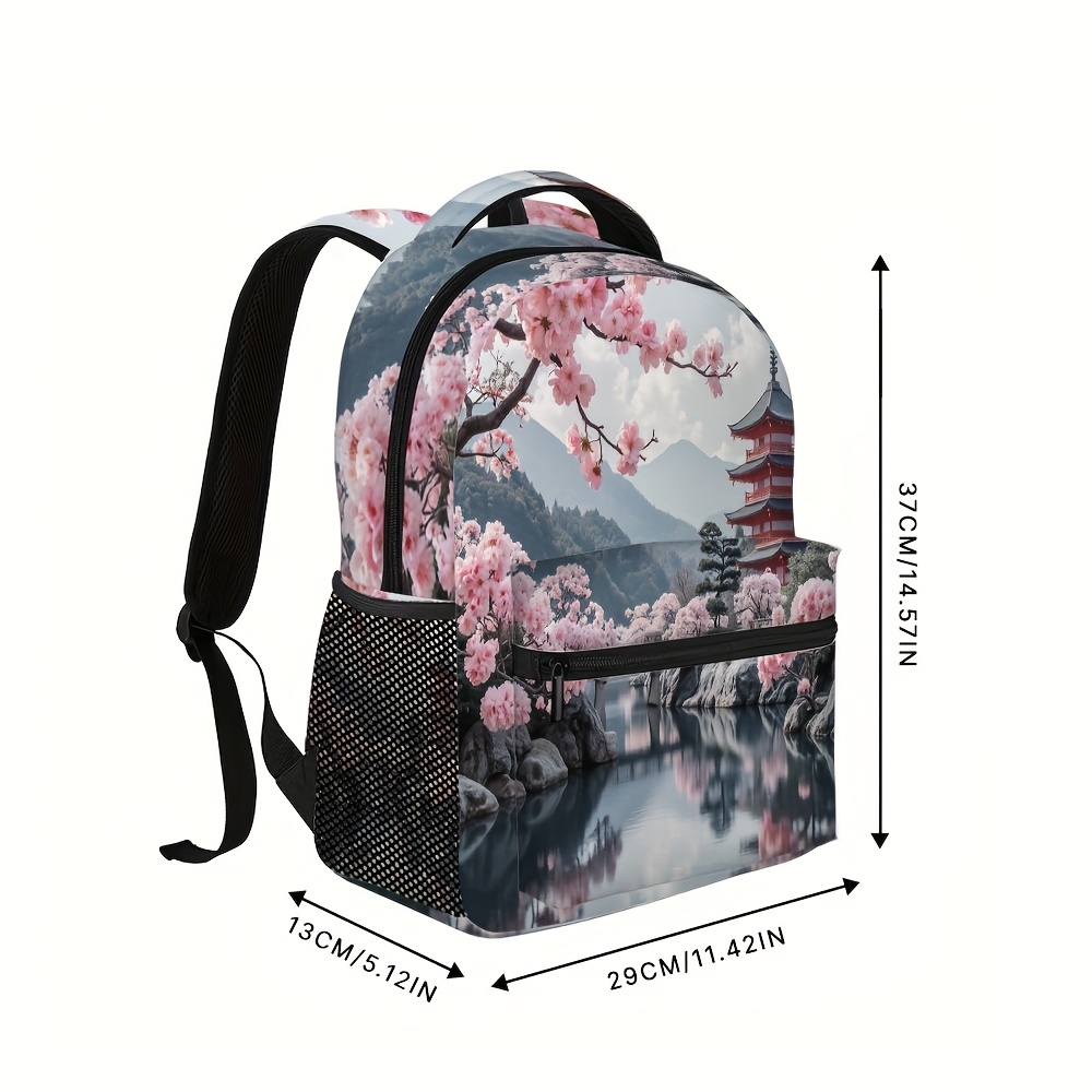 TEMU 1pc 2d Flat Printing Japanese Cherry Watercolor Backpack Large Capacity Breathable Mesh Back Ideal For Long Hours Of Use