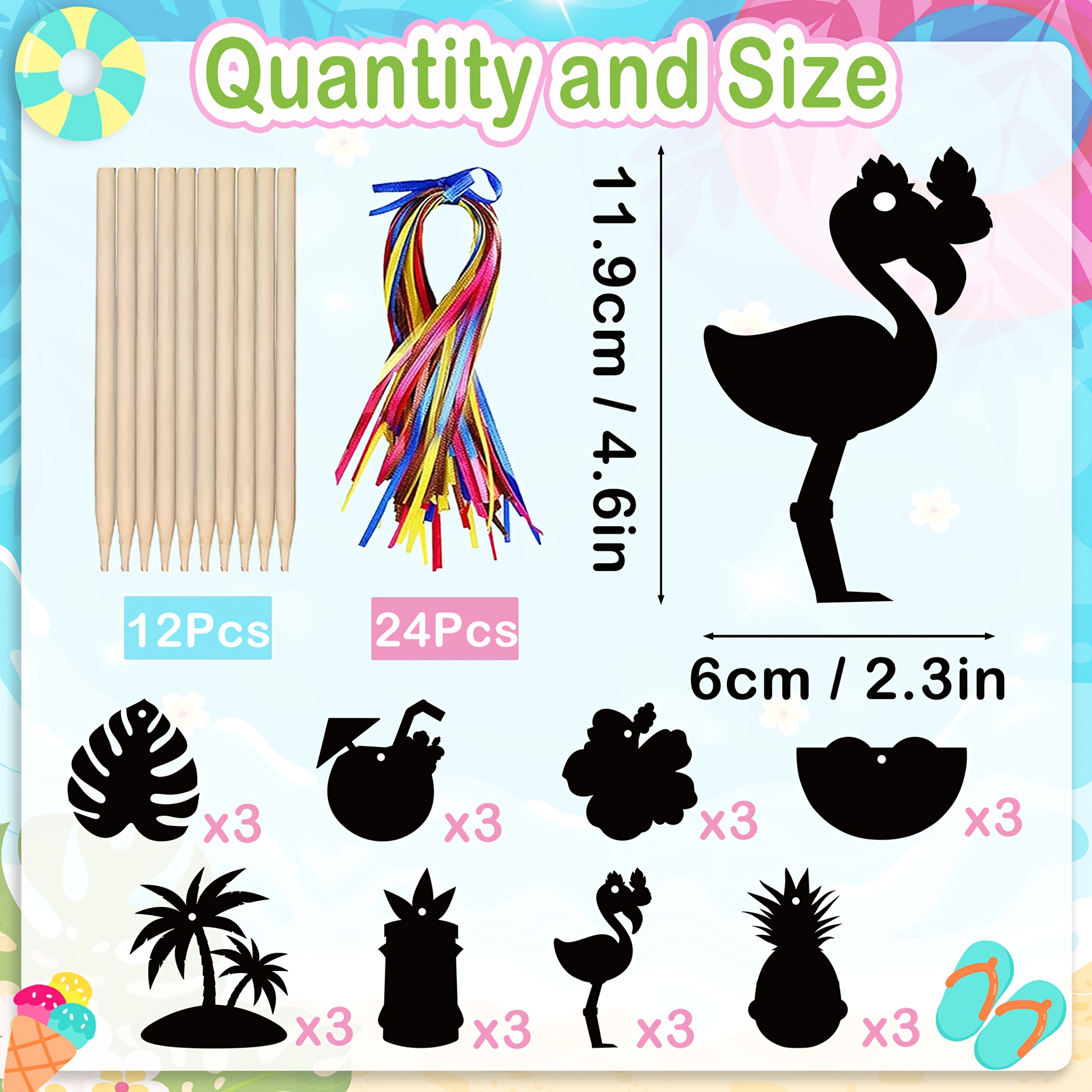Image of 48/24pcs Hawaiian Theme Art Set, Diy Color Card Art Craft Kit, Flamingo Coconut Shape Scratch Paper Art Set Decorations Favor Ornaments For Birthday Party & Home & School
