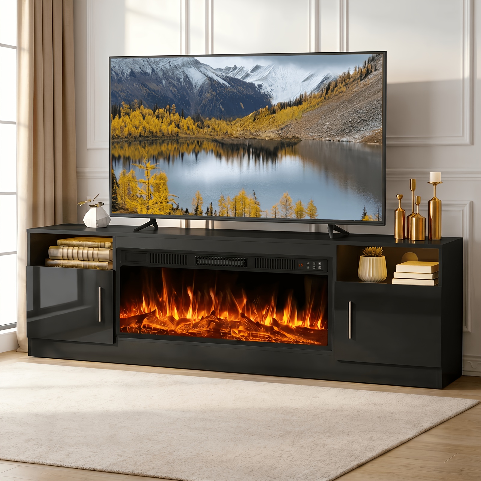 TEMU 70" Fireplace Tv Stand With 36 Inch Fireplace Up To 80" Tvs, Led Light Entertainment Center And Storage, 70"modern Wood Media With Highlight