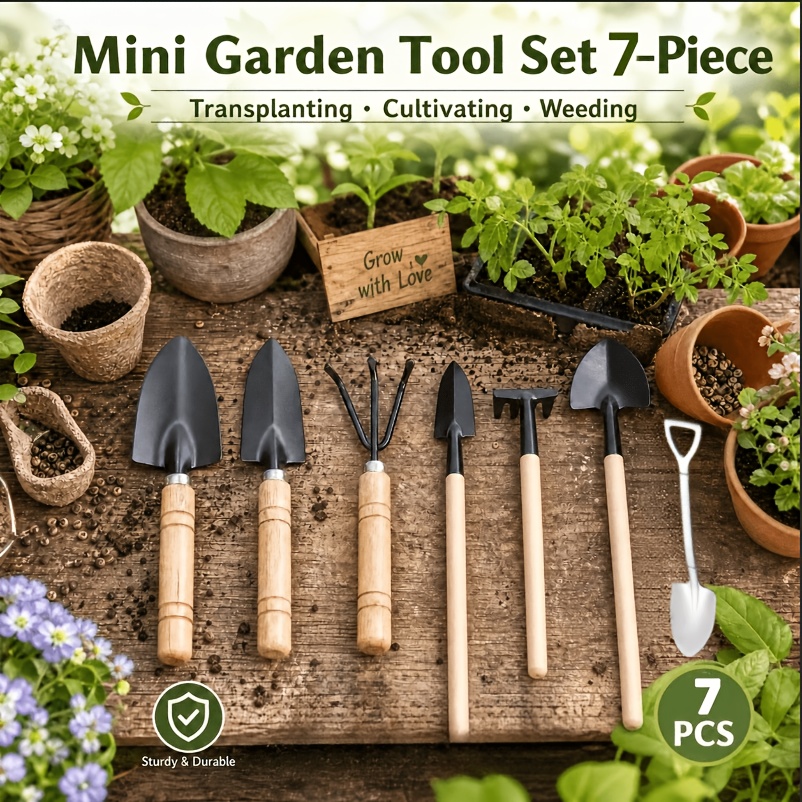 TEMU Set di mini attrezzi da giardinaggio da 7 pezzi - per piantare piante in vaso e piccoli attrezzi da giardinaggio - Manici in legno per