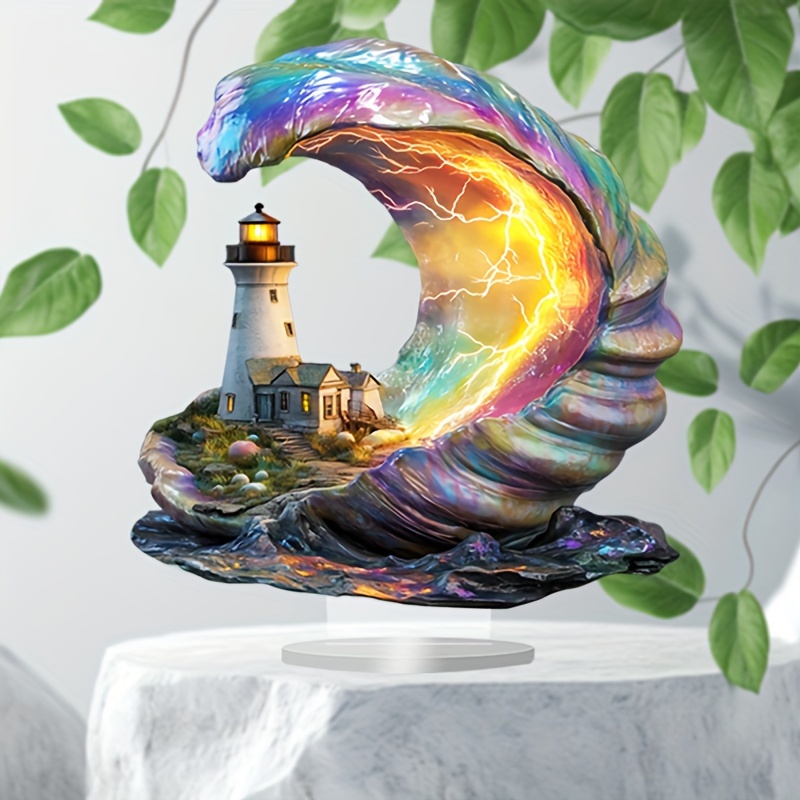  acrylic lighthouse in shell tabletop decor bohemian plaque for home porch room decor unique christmas gift 8x7 inch details 2