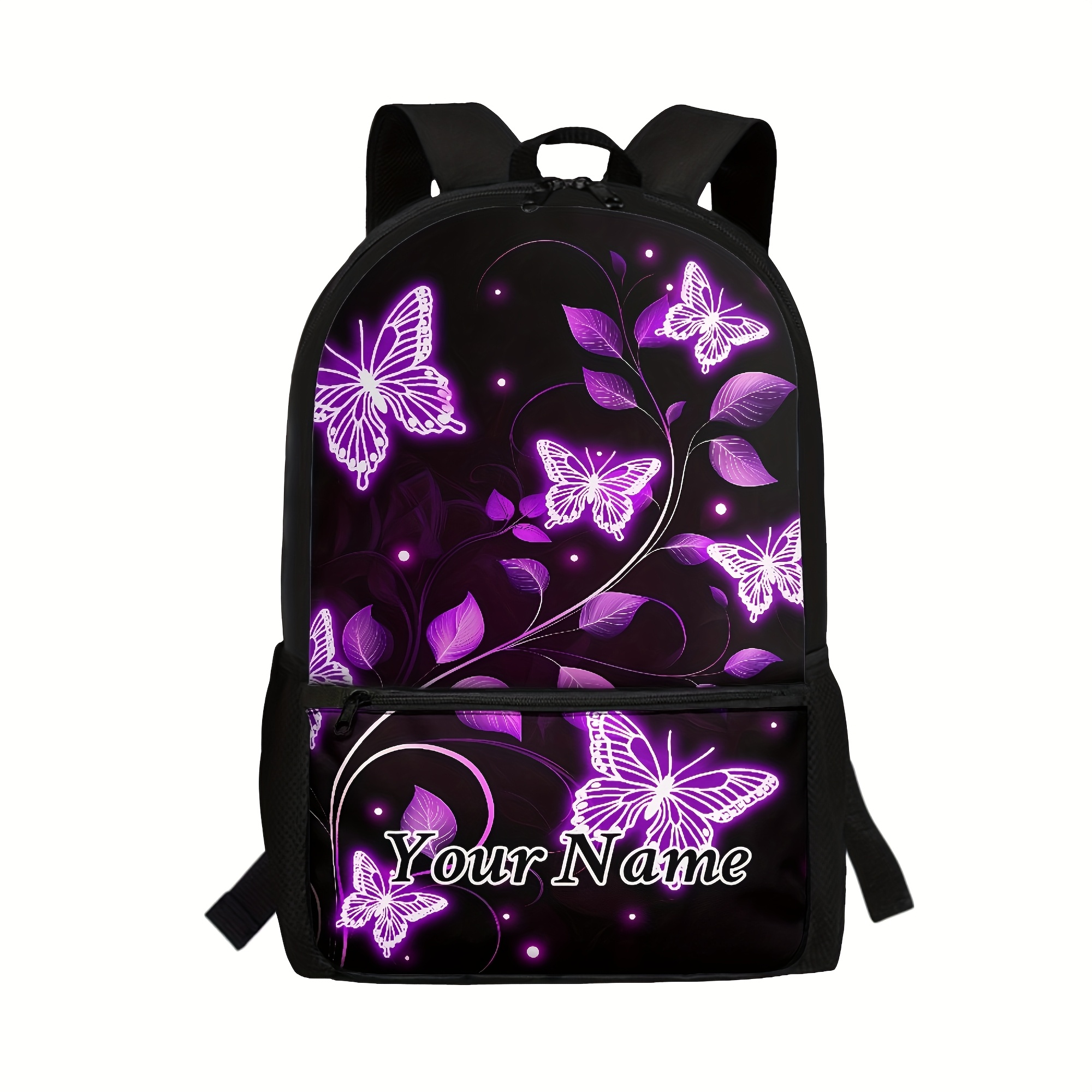 TEMU Personalized Student Backpack - Purple Floral Print, Customized School Backpack, Fashion Polyester School Bag, Laptop Backpack, 17 Inch Travel