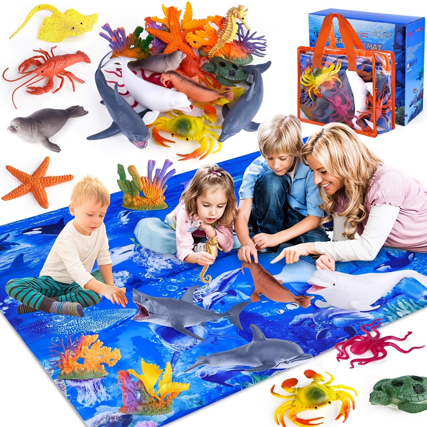 

Ginmic Kids Ocean Animals Toys With Large Play Mat, 17 Pack Assorted Realistic Sea Animal Toys With Carrier Bag Including Shark, Whale, Dolphin Etc, For 3-8, Christmas Gifts For Kids